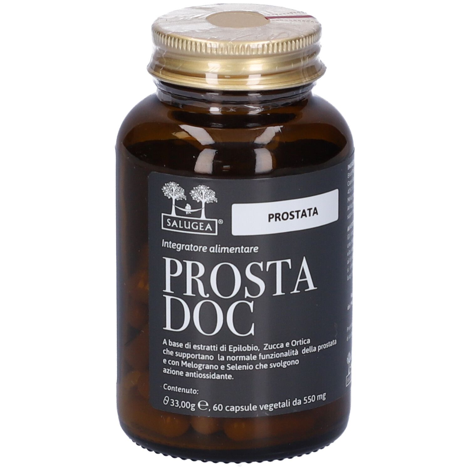 Flacone di vetro marrone con tappo dorato. Etichetta con nome del prodotto e marchio. Capsule visibili.