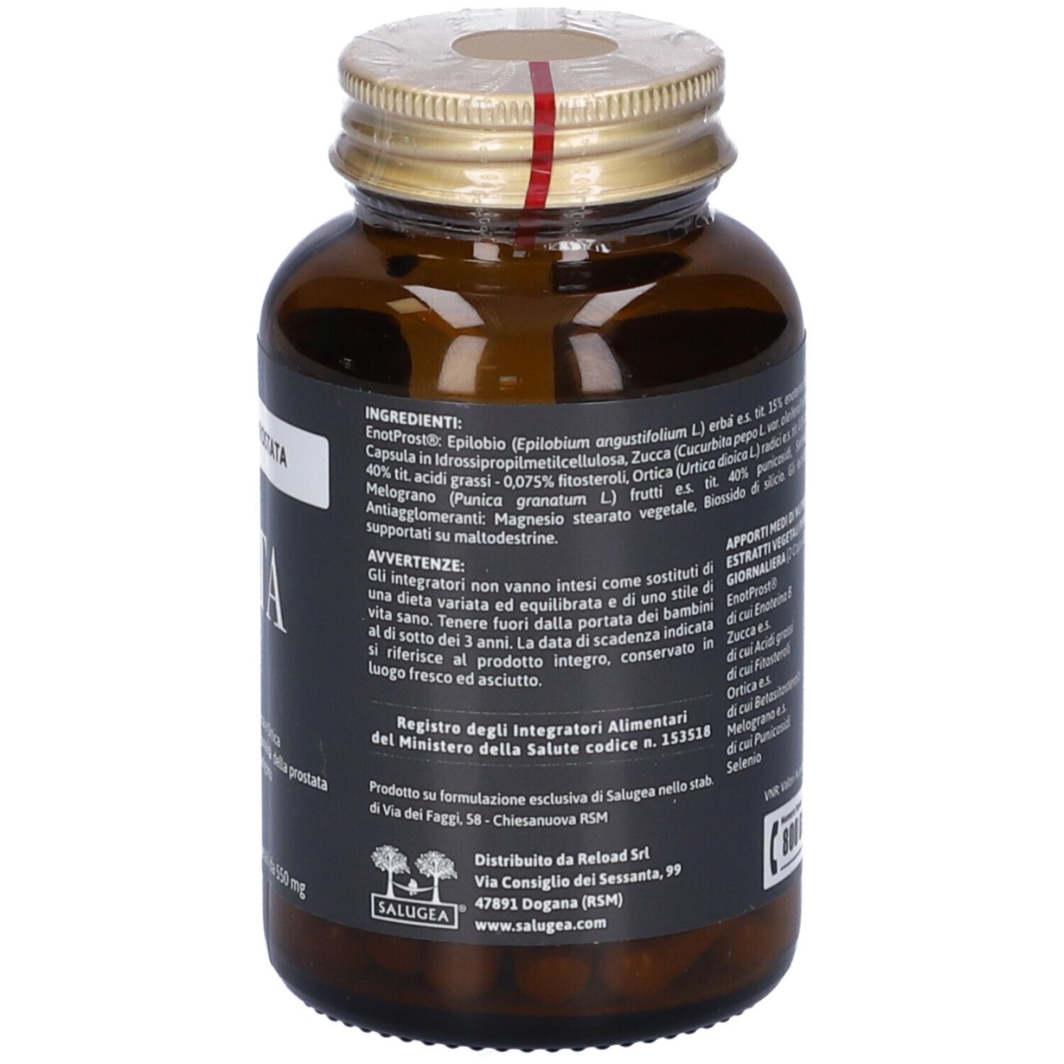 Retro del flacone del prodotto. Etichetta con ingredienti e informazioni del produttore.