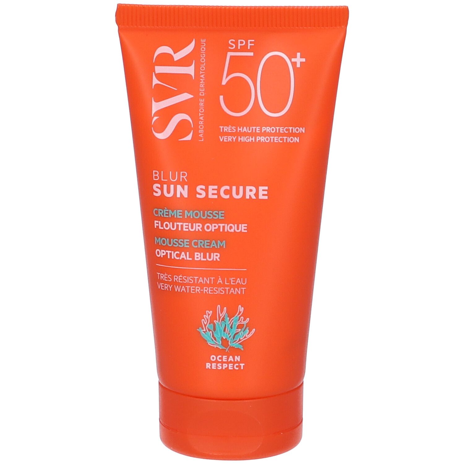 Tubo arancione con testo bianco. SVR, SPF 50+, Blur Sun Secure, Crème Mousse, Flouteur Optique, Optical Blur. Resistente all'acqua. Ocean Respect.