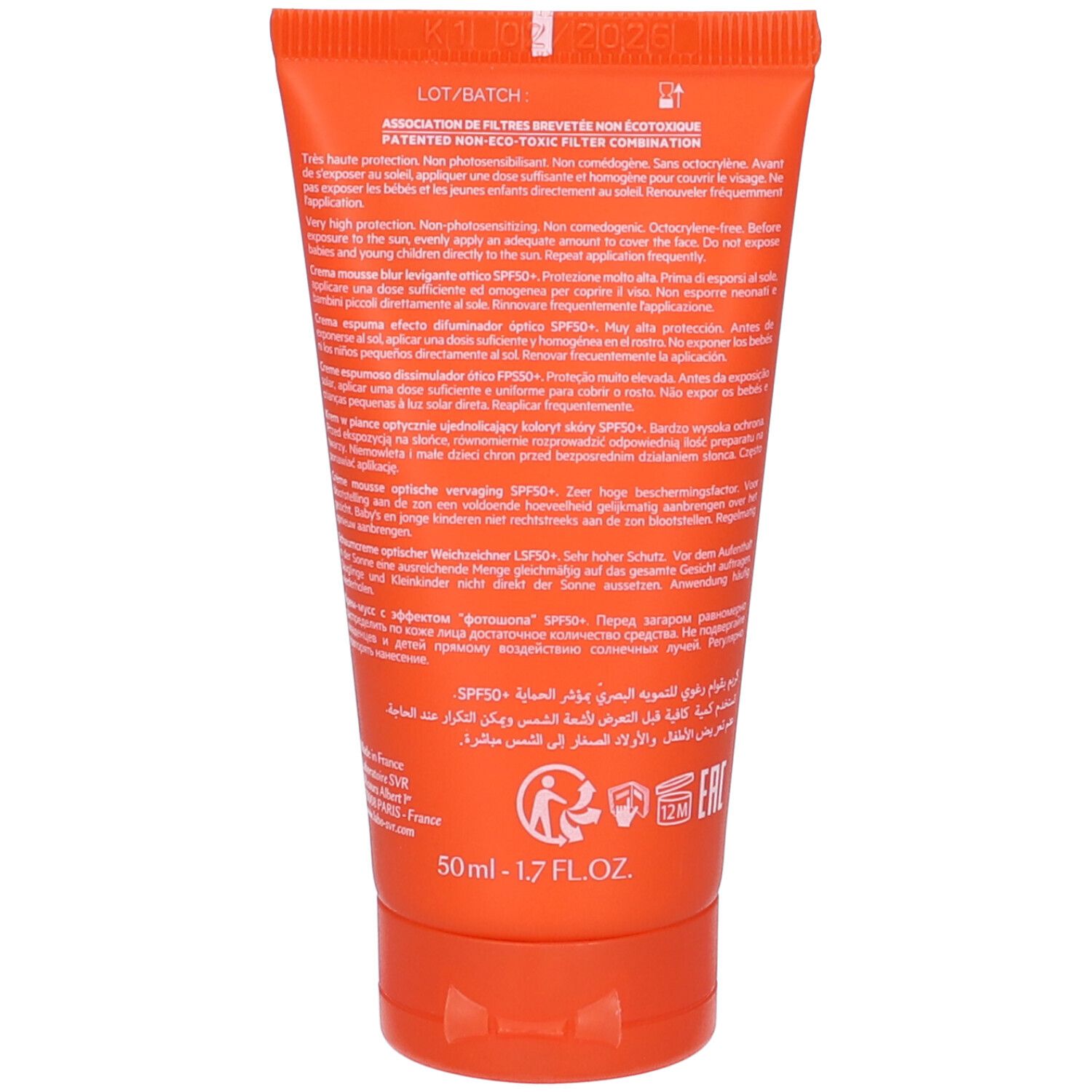 Retro di un tubo arancione. Testo multilingue. 50ml. Pittogrammi. Prodotto in Francia.