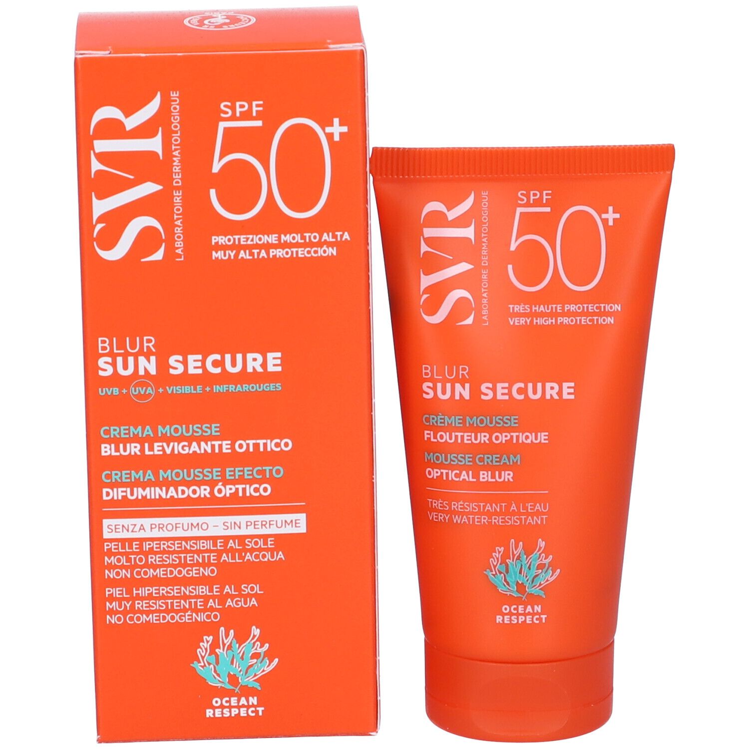 Scatola e tubo arancioni. SVR, SPF 50+, Blur Sun Secure. Crème Mousse, Flouteur Optique, Optical Blur. Senza profumo. Ocean Respect.