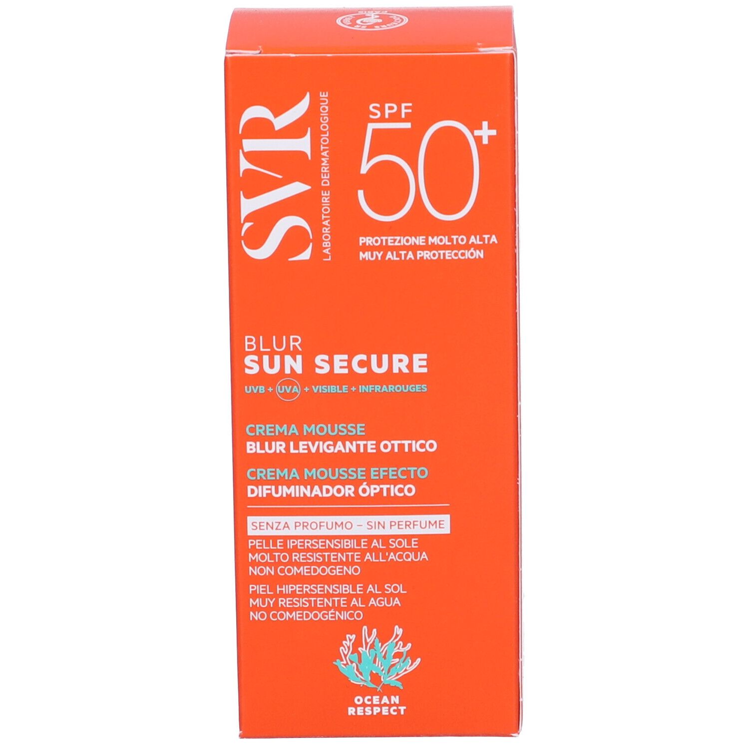 Scatola arancione. SVR, SPF 50+, Blur Sun Secure. Crème Mousse, Flouteur Optique, Optical Blur. Senza profumo. Ocean Respect.