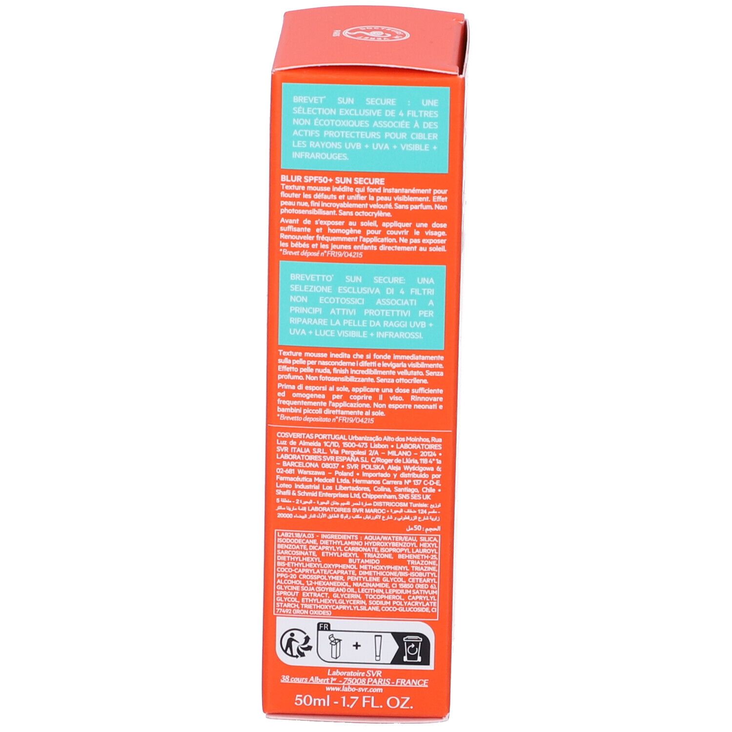 Retro di una scatola arancione. Testo multilingue. 50ml. Pittogrammi. Prodotto in Francia.