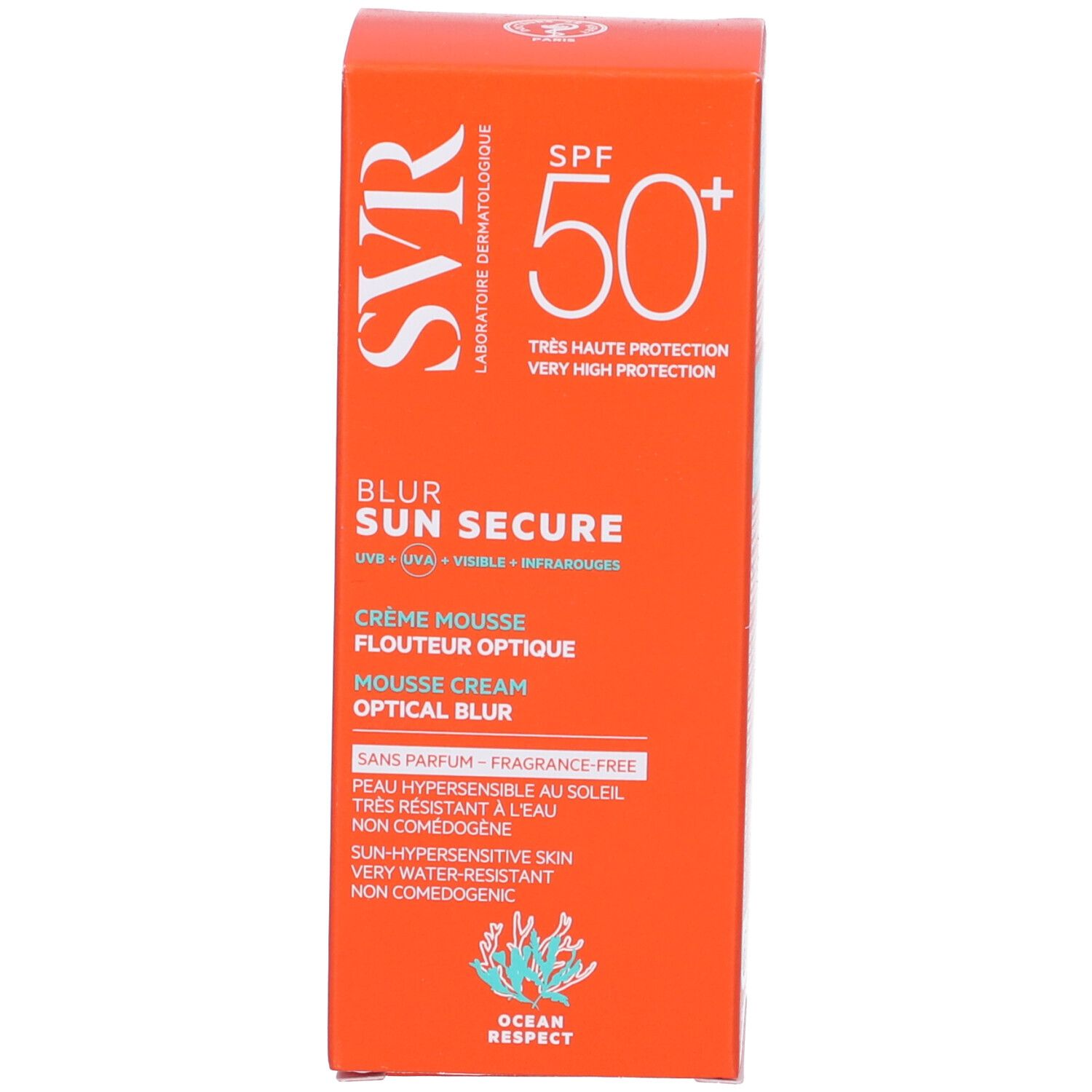 Scatola arancione. SVR, SPF 50+, Blur Sun Secure. Crème Mousse, Flouteur Optique, Optical Blur. Senza profumo. Ocean Respect.