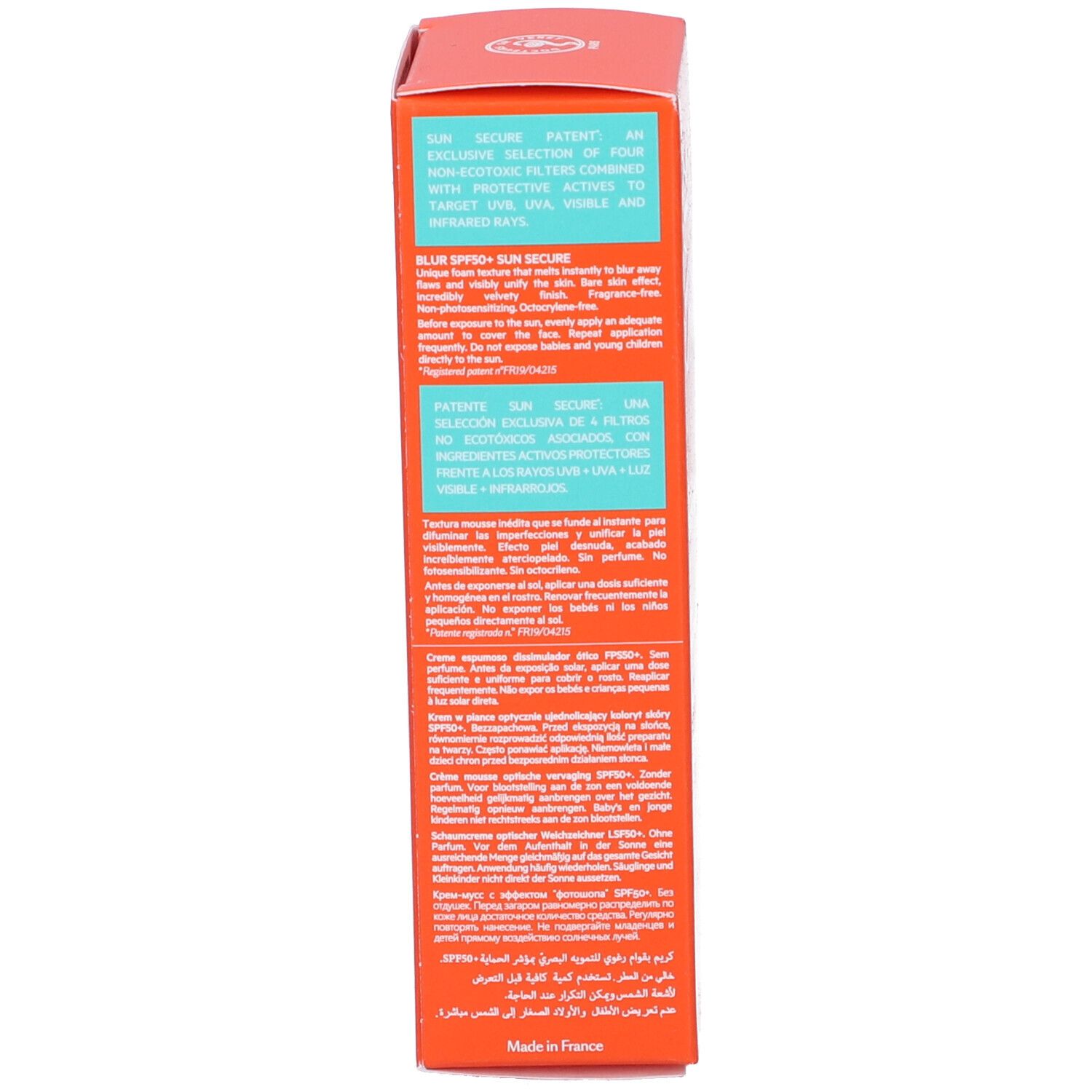 Retro di una scatola arancione. Testo multilingue. 50ml. Pittogrammi. Prodotto in Francia.