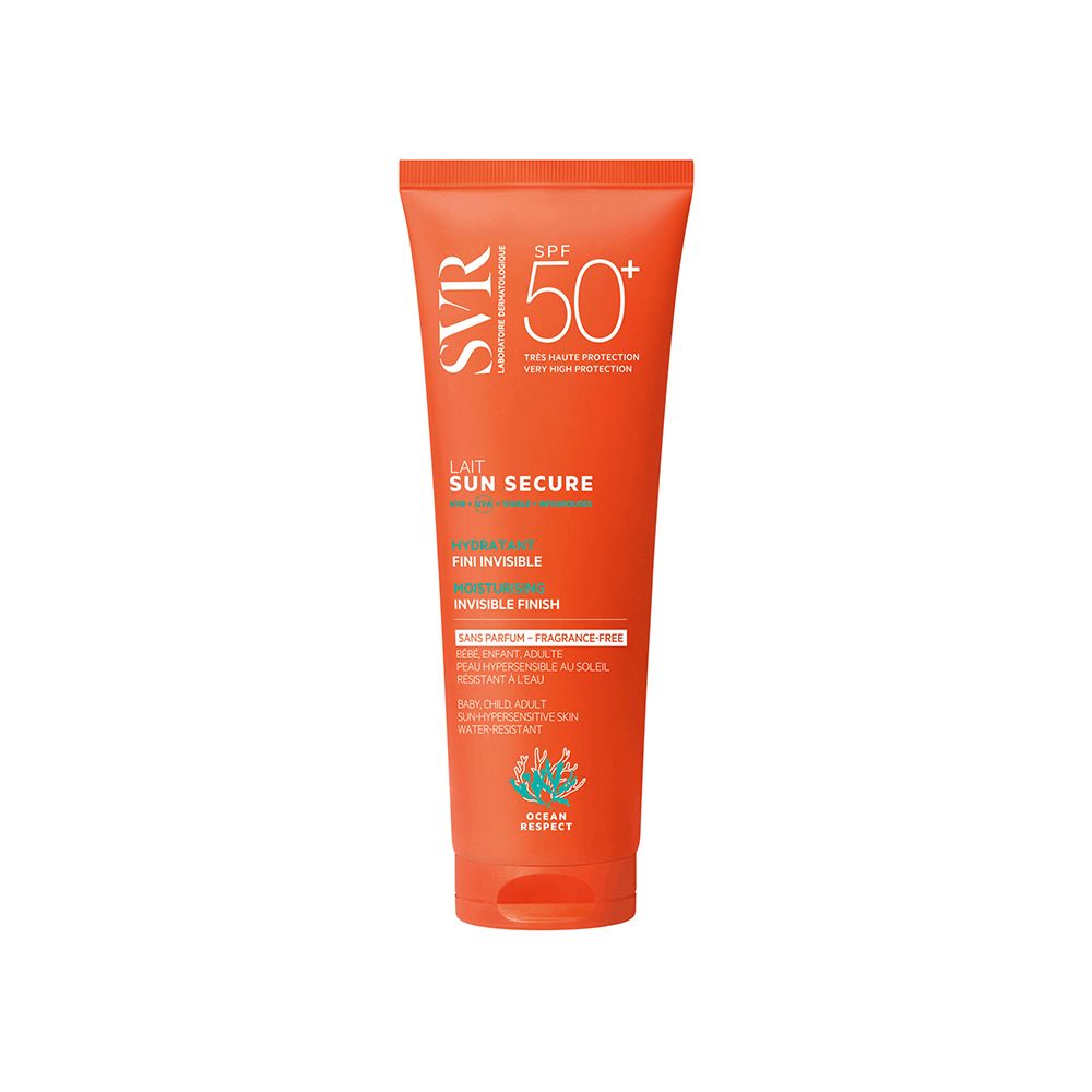 Tubo arancione SVR Sun Secure Lait SPF50+. Testo: Invisible Finish, senza profumo. Protezione solare molto alta.