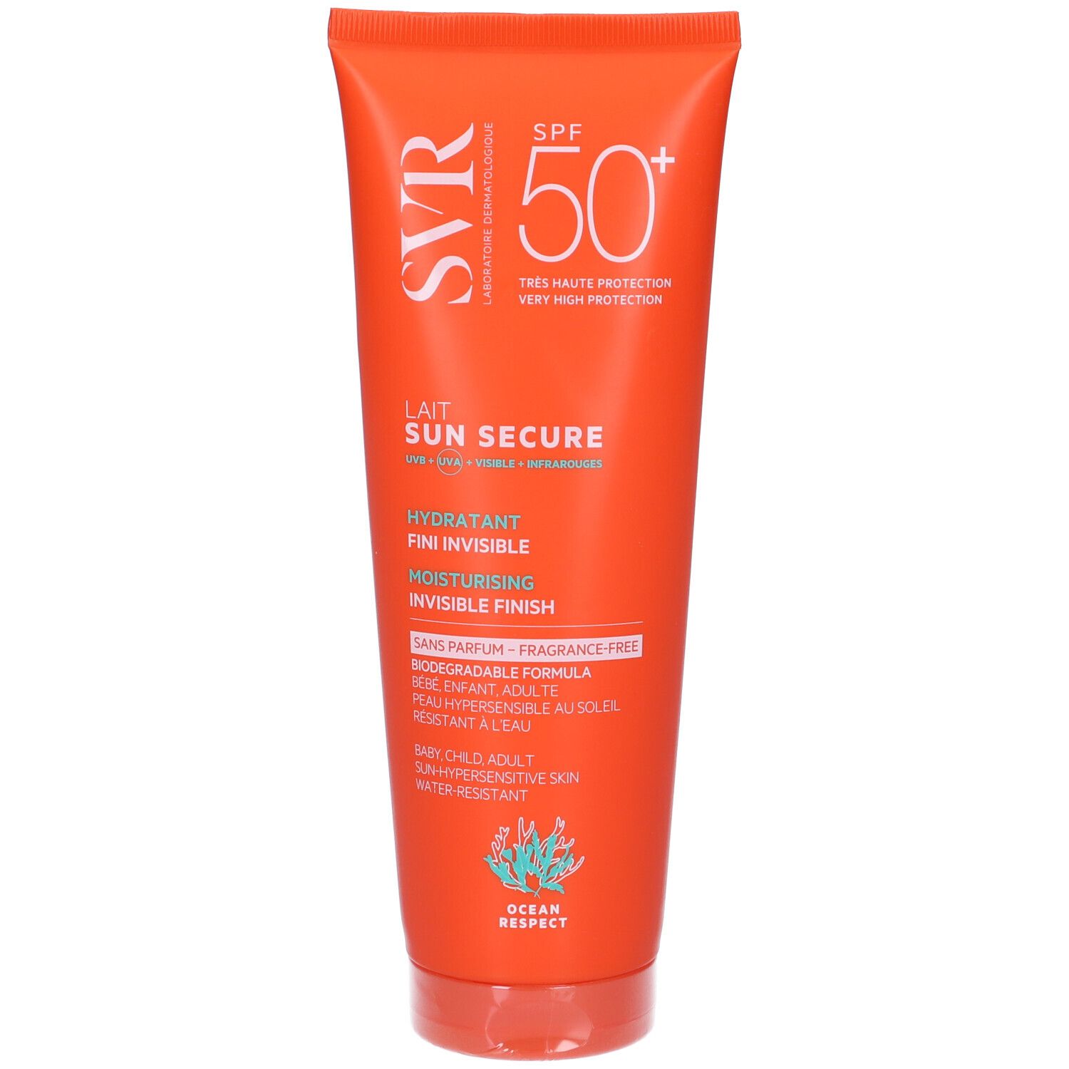 Tubo arancione SVR Sun Secure Lait SPF50+. Testo: Invisible Finish, senza profumo. Per pelli sensibili.
