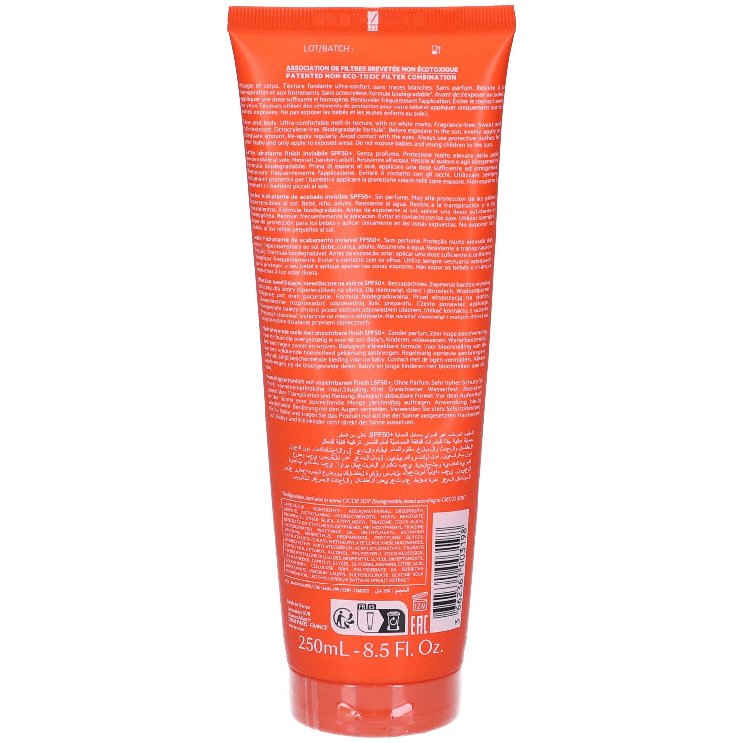 Retro di un tubo arancione. Testo multilingue. In basso: 250ml - 8.5 Fl. Oz.