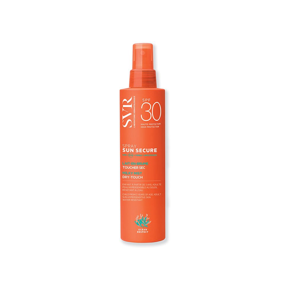 Flacone spray arancione con erogatore rosso. Scritte: SVR, SPF 30, SUN SECURE. Texture asciutta.