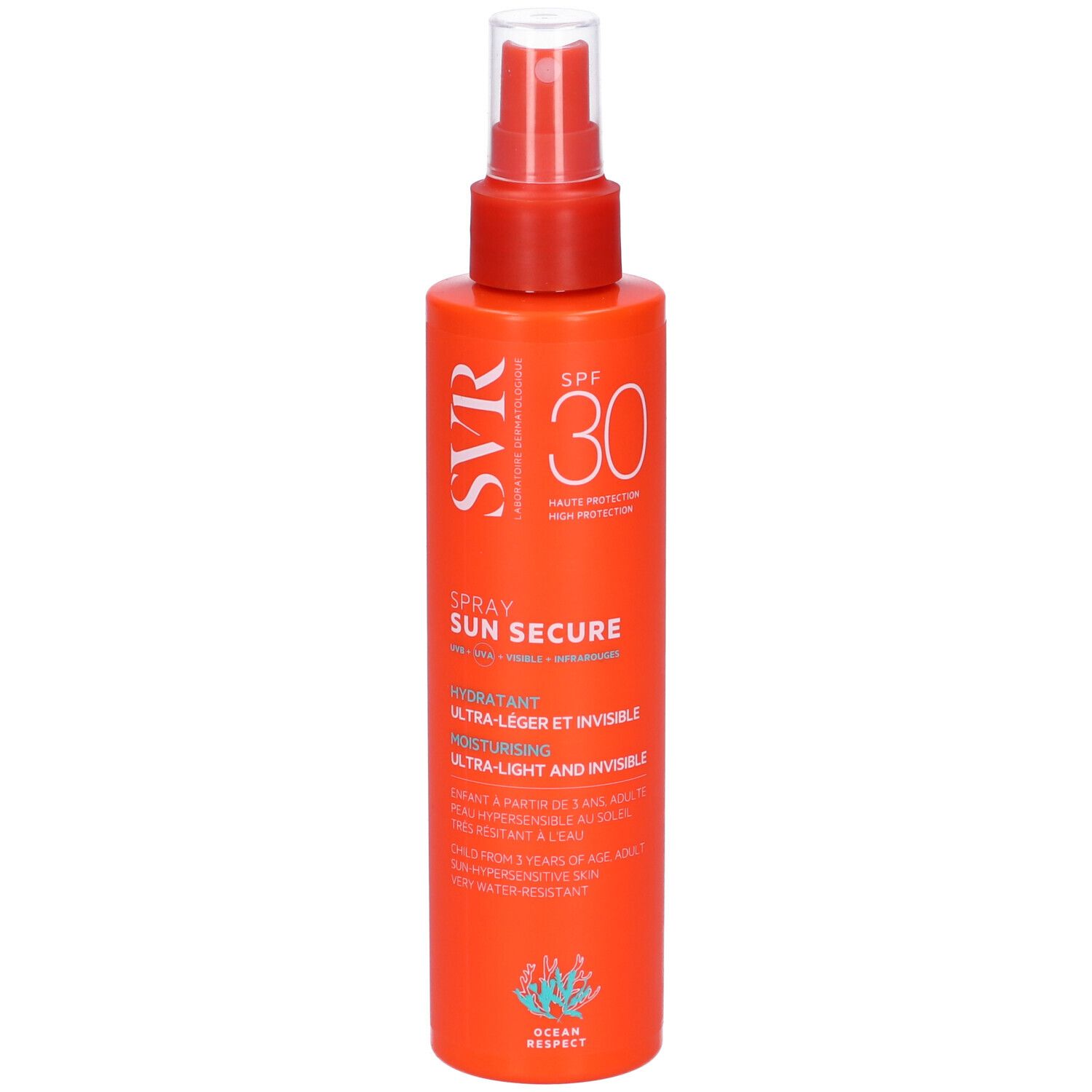 Flacone spray arancione con erogatore rosso. Scritte: SVR, SPF 30, SUN SECURE. Idratante.