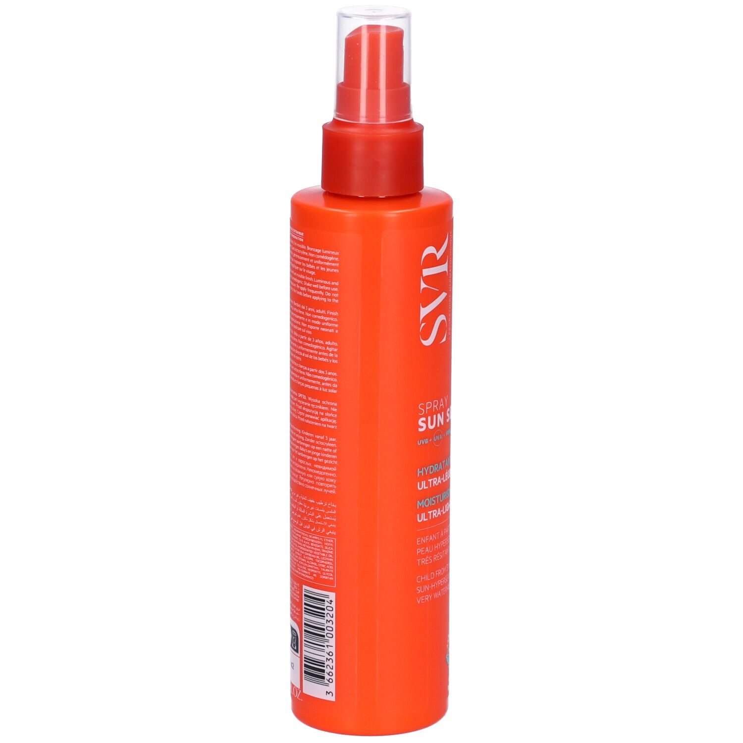 Flacone spray arancione con erogatore rosso. Scritte: SVR, SPF 30, SUN SECURE. Retro con testo.