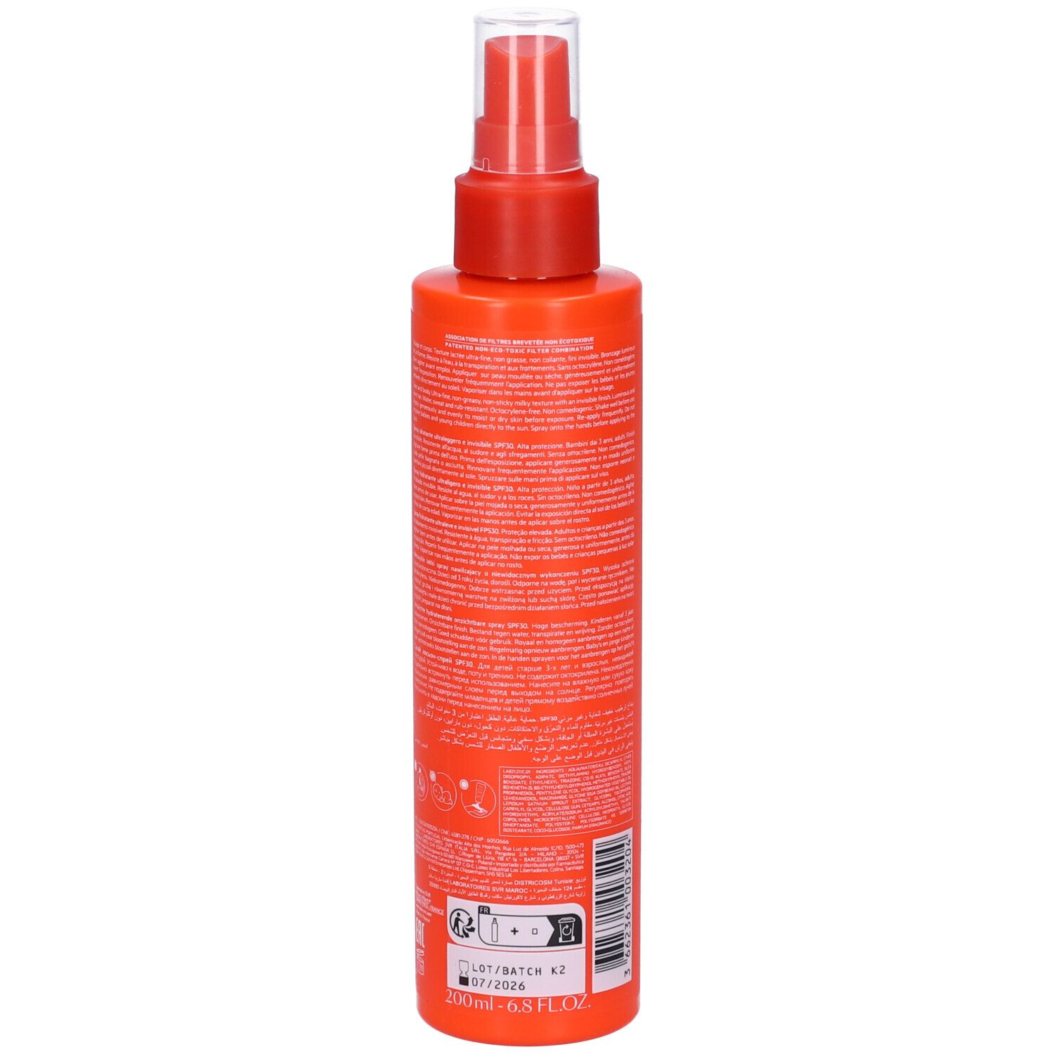 Flacone spray arancione con erogatore rosso. Scritte: SVR, SPF 30, SUN SECURE. Retro con testo.