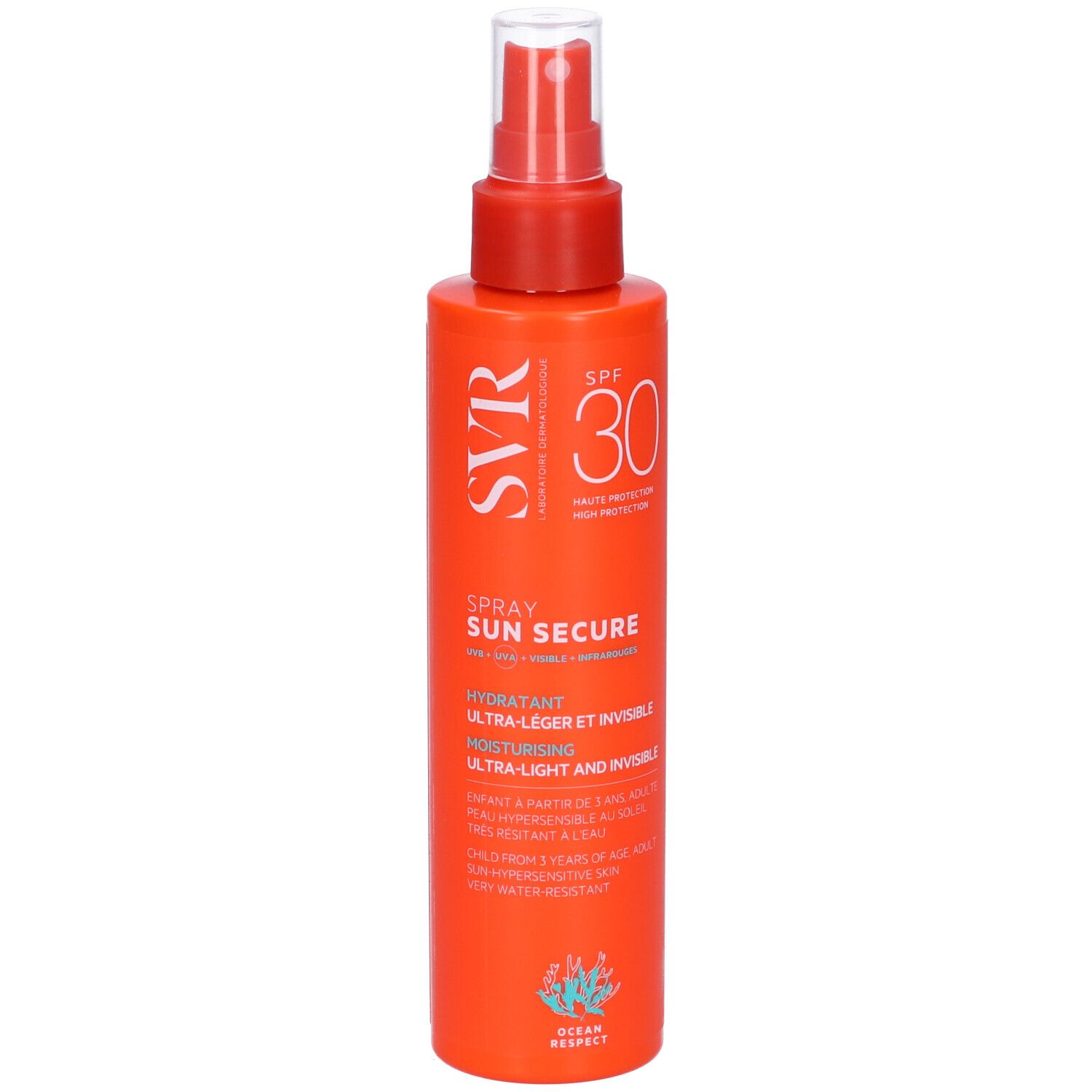 Flacone spray arancione con erogatore rosso. Scritte: SVR, SPF 30, SUN SECURE. Idratante.