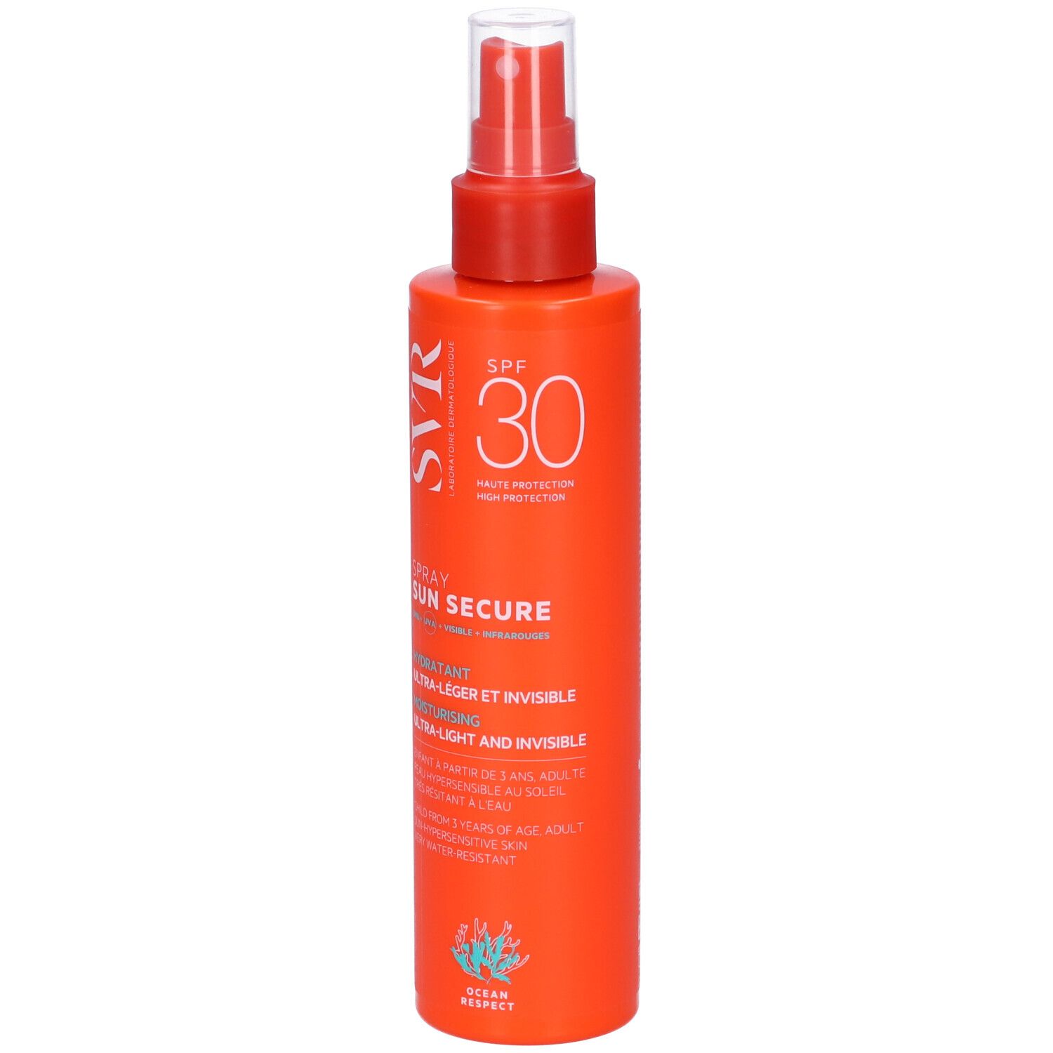 Flacone spray arancione con erogatore rosso. Scritte: SVR, SPF 30, SUN SECURE. Idratante.