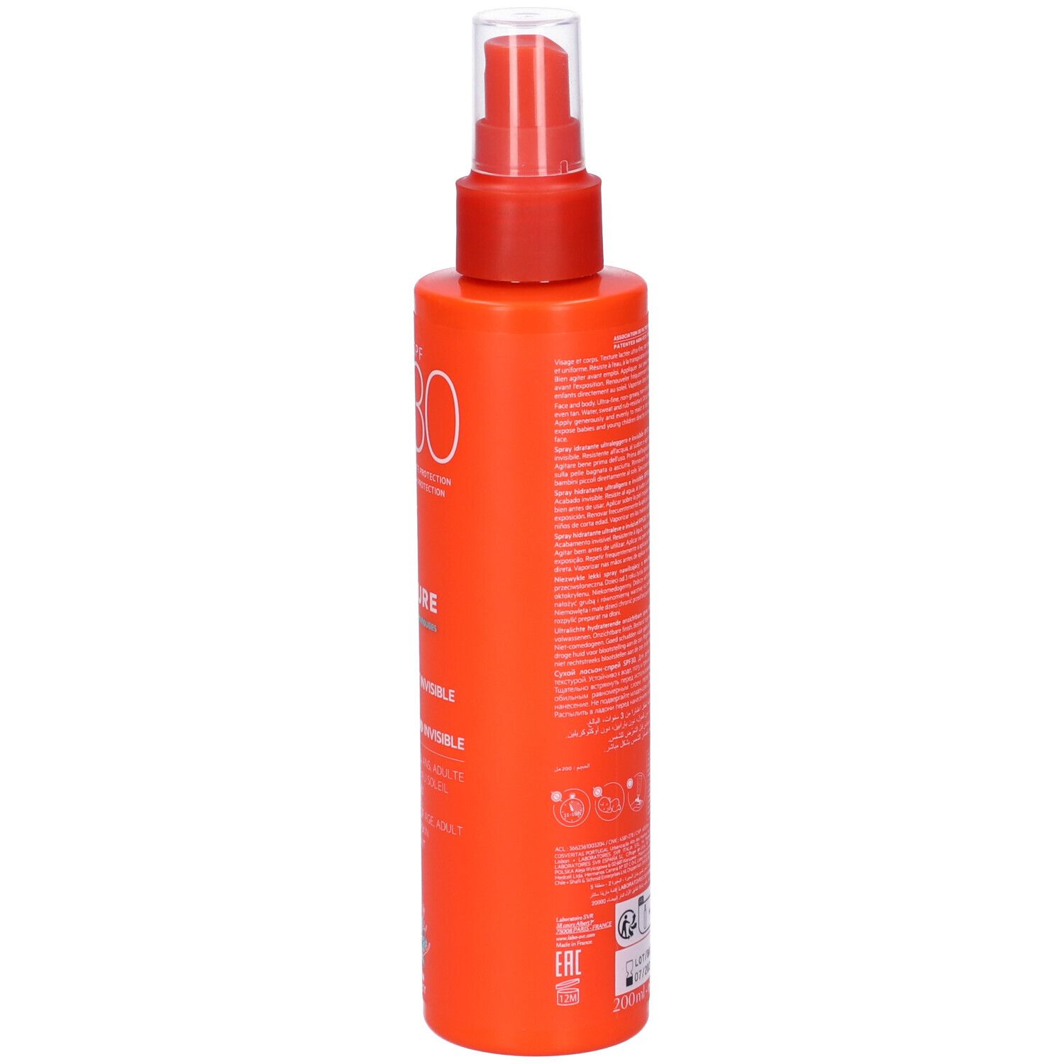 Flacone spray arancione con erogatore rosso. Scritte: SVR, SPF 30, SUN SECURE. Retro con testo.