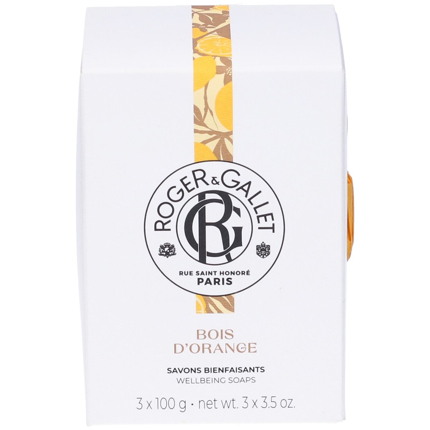 Scatola bianca con logo, nome del prodotto e nastro giallo. Testo in basso: 3 x 100 g.