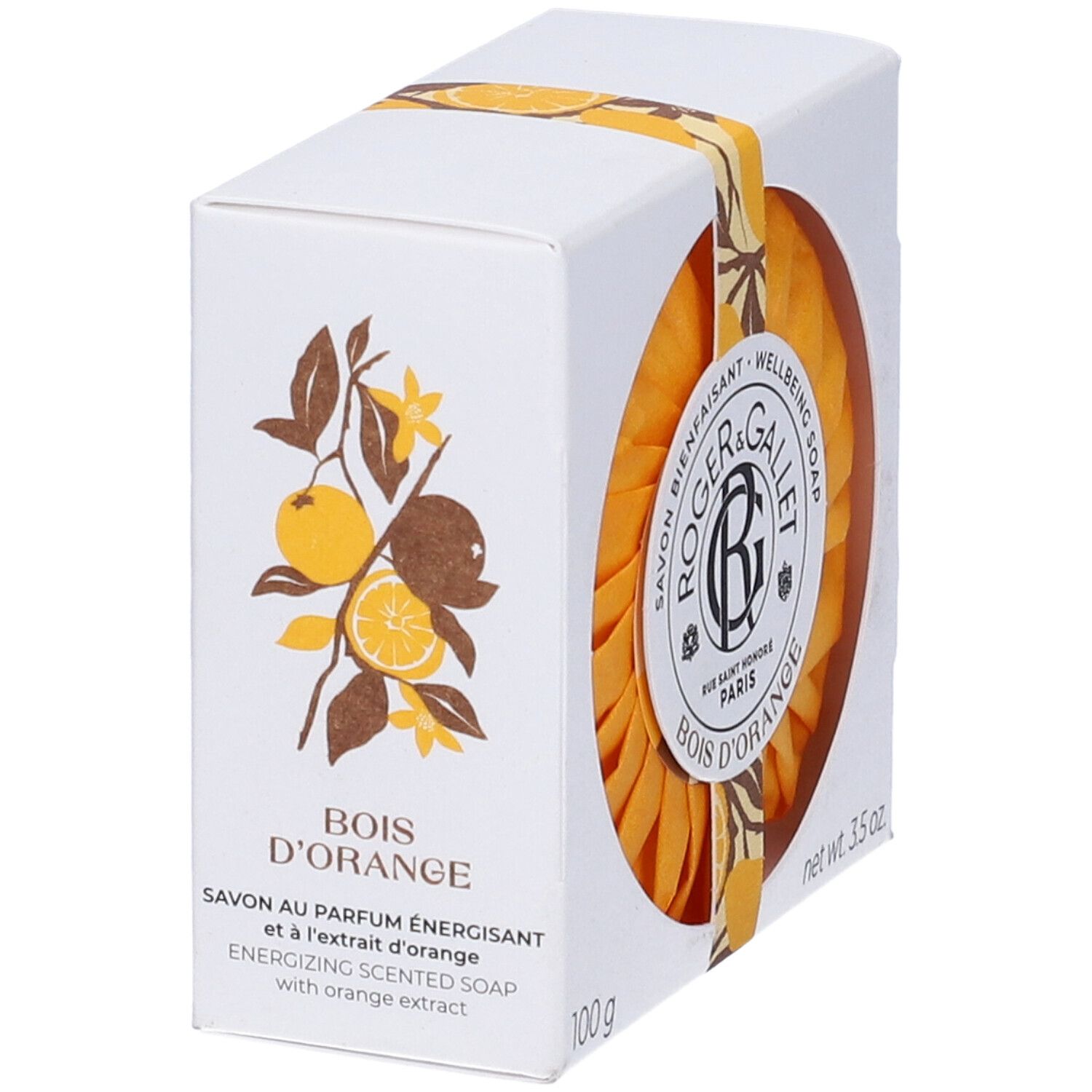 Scatola bianca con sapone arancione. Illustrazione: arance. Scritta: BOIS D'ORANGE. 100 g, 3.5 oz.