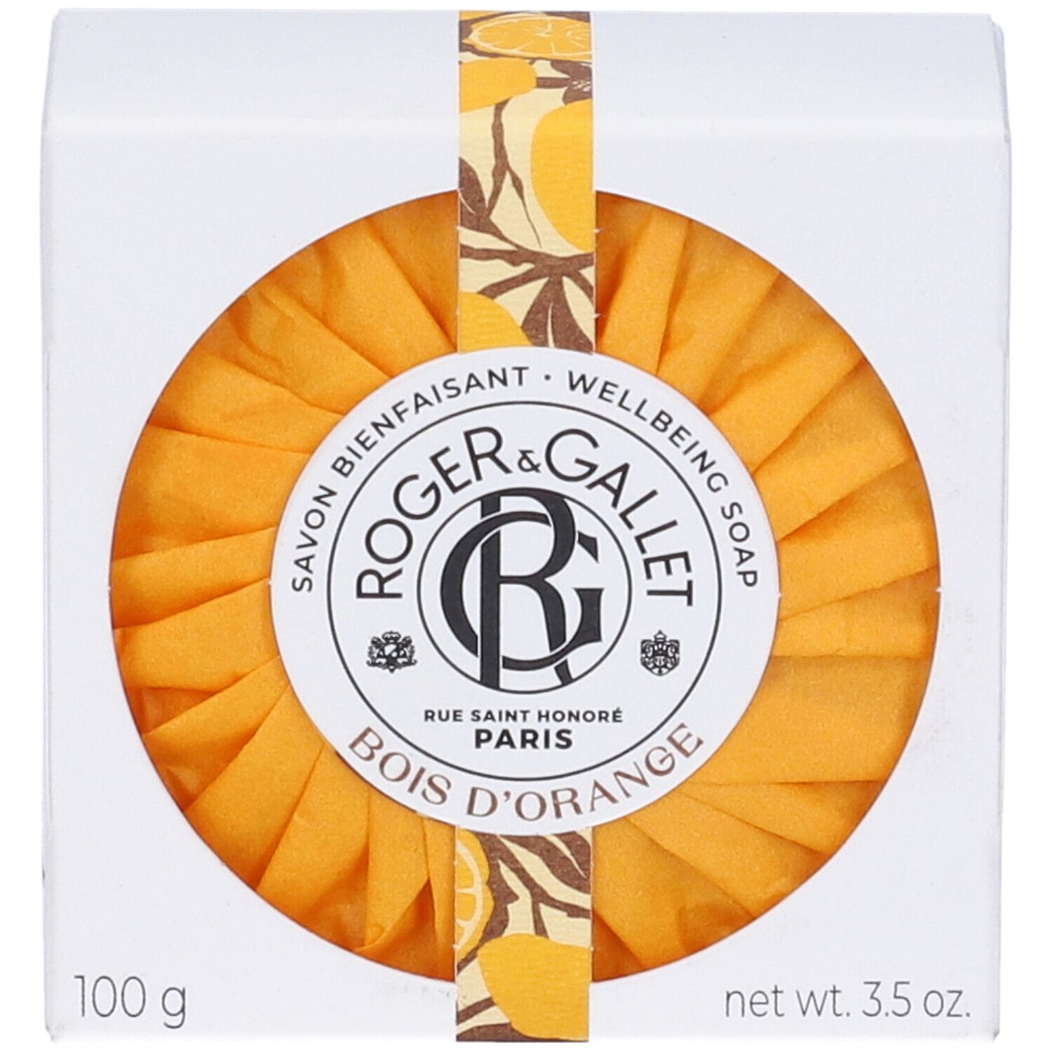 Scatola bianca con sapone arancione. Scritta: ROGER & GALLET BOIS D'ORANGE. 100 g, 3.5 oz.