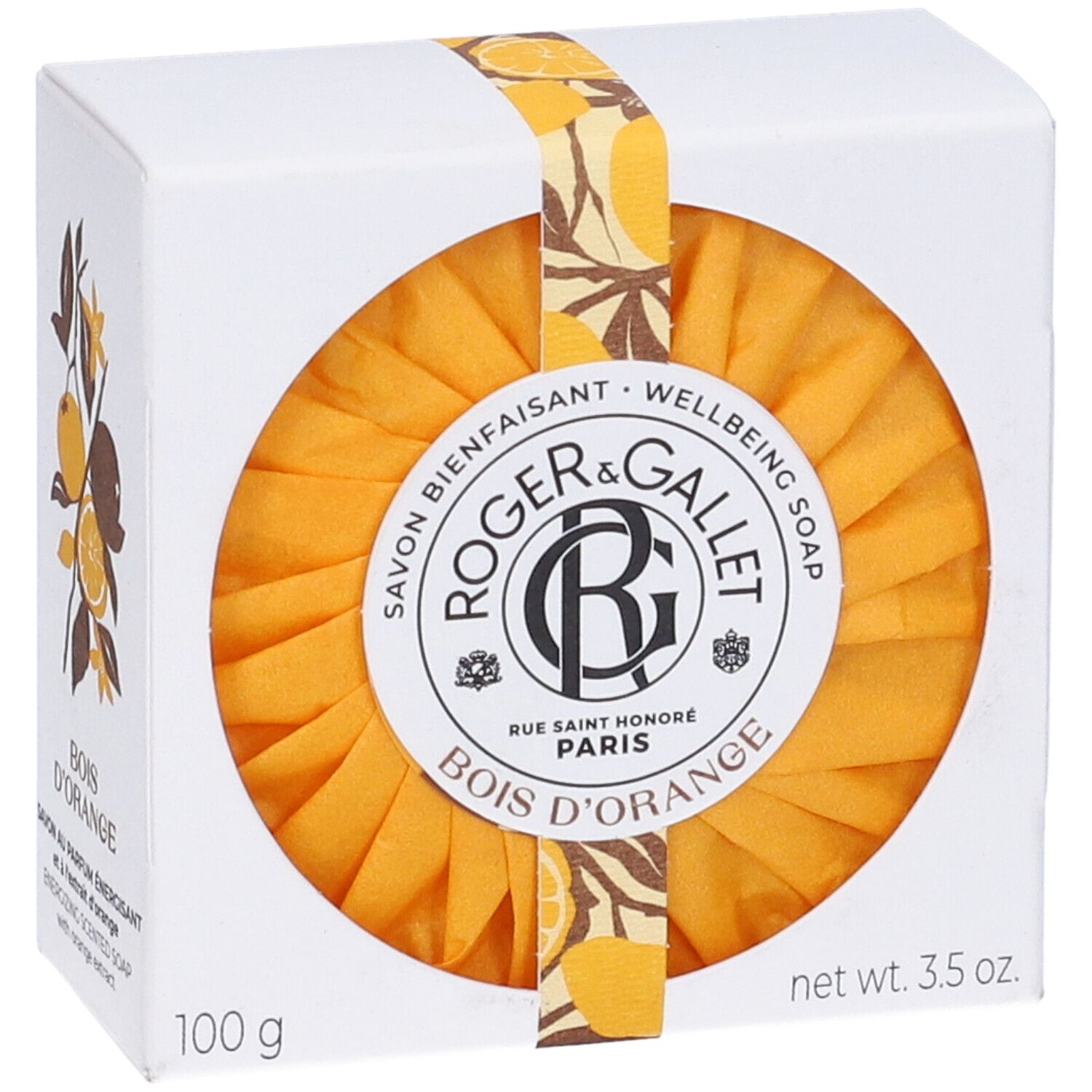 Scatola bianca con sapone arancione. Scritta: ROGER & GALLET BOIS D'ORANGE. 100 g, 3.5 oz.