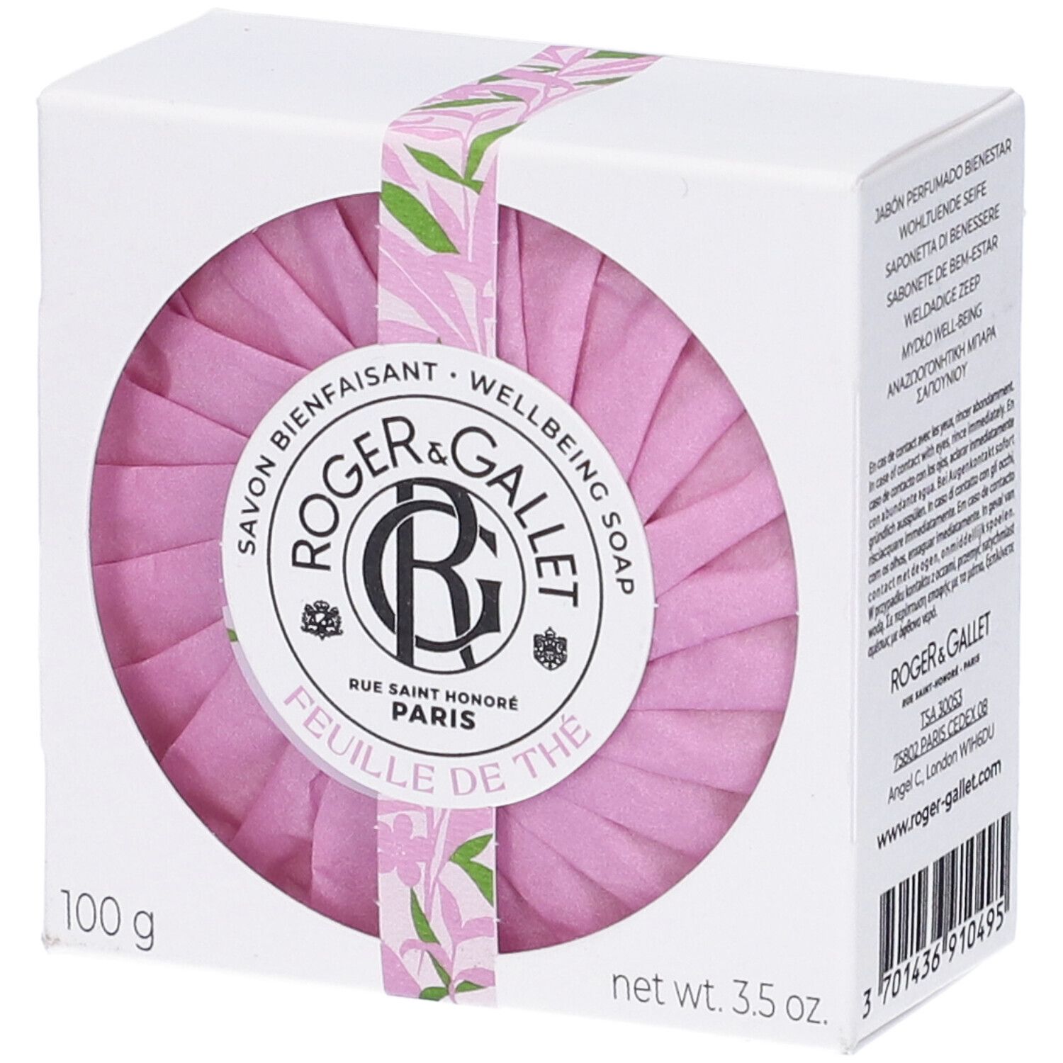 Scatola bianca con sapone rosa. Scritta: Roger&Gallet, Feuille de Thé. 100 g, 3.5 oz.