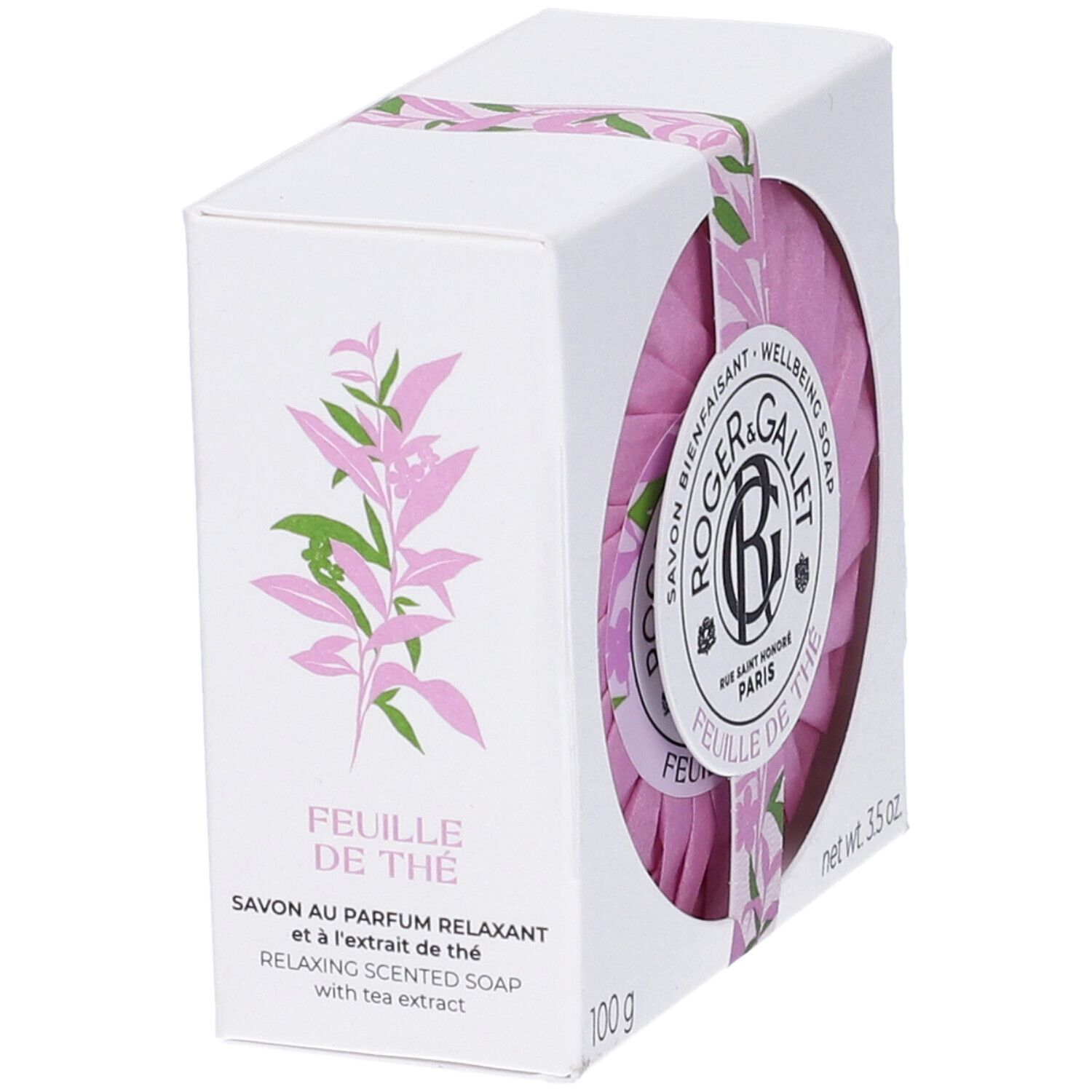 Scatola bianca con sapone rosa. Scritta: Feuille de Thé, Relaxing Scented Soap. 100 g, 3.5 oz.