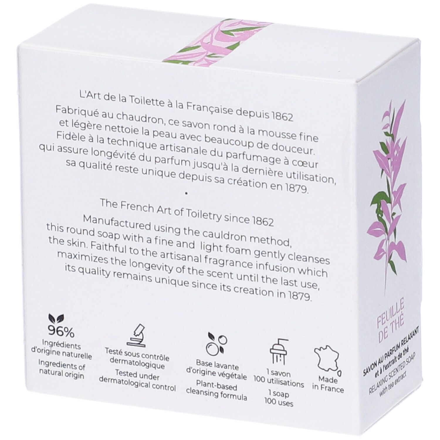 Retro della scatola bianca. Testo: Ingredients of natural origin, Tested under dermatological control. 96%.