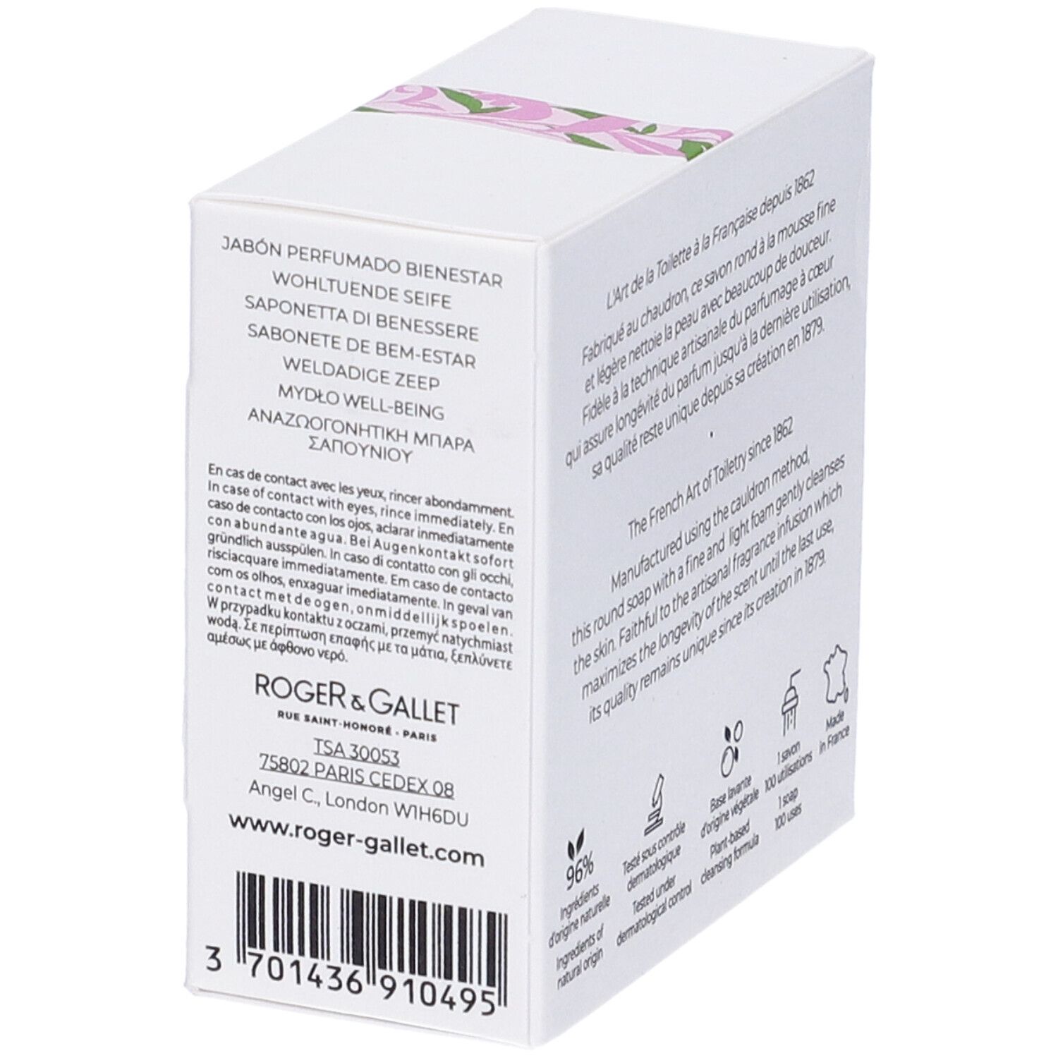 Scatola bianca con testo. Scritta: Roger&Gallet, Rue Saint Honoré Paris. Codice a barre.