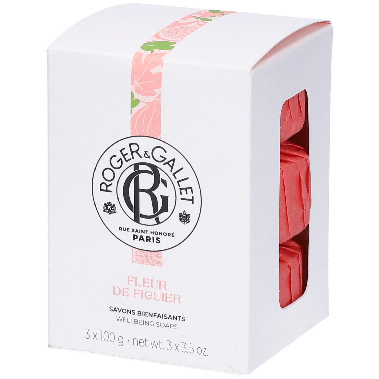 Scatola bianca con tre saponi rosa. Logo e nome del prodotto Fleur de Figuier.