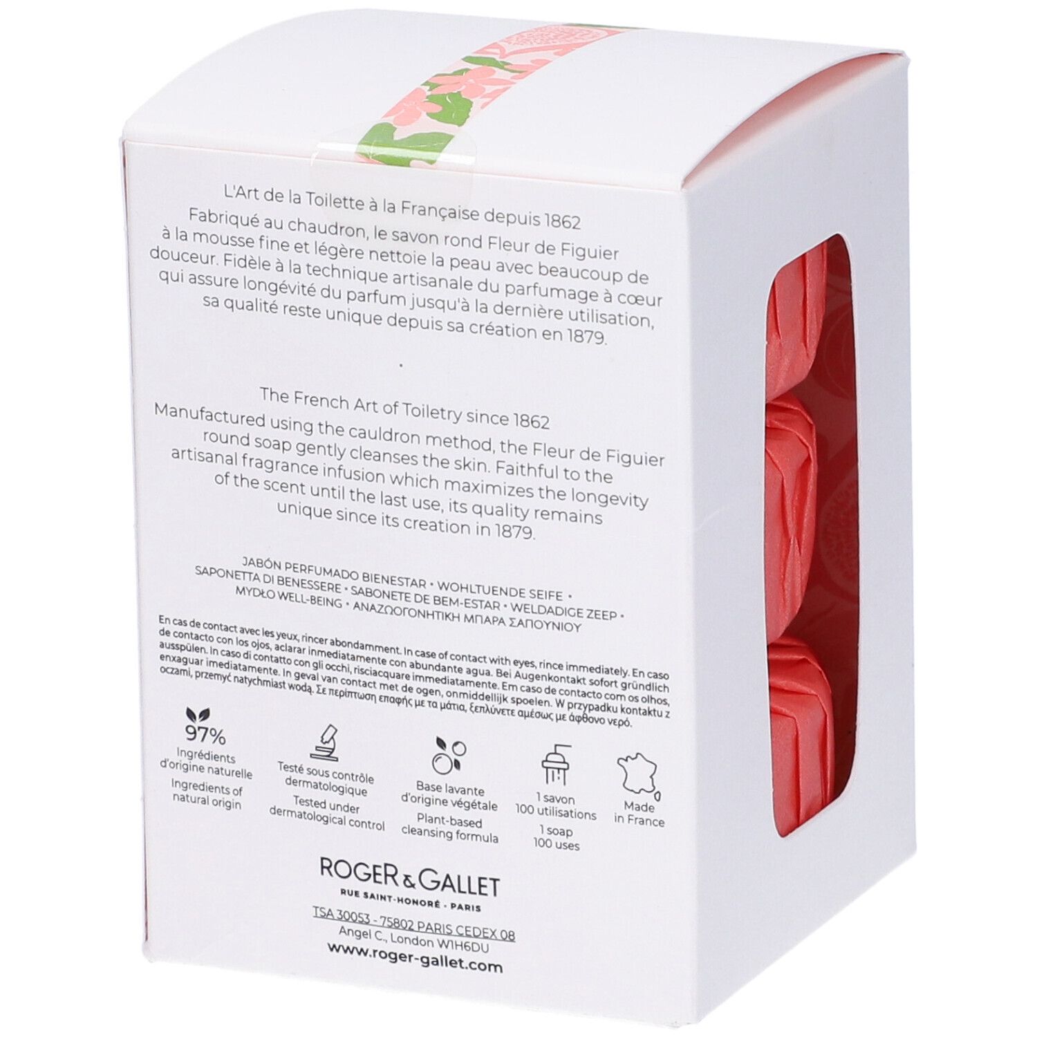 Retro della scatola bianca. Testo e loghi. Contiene tre saponi rosa.