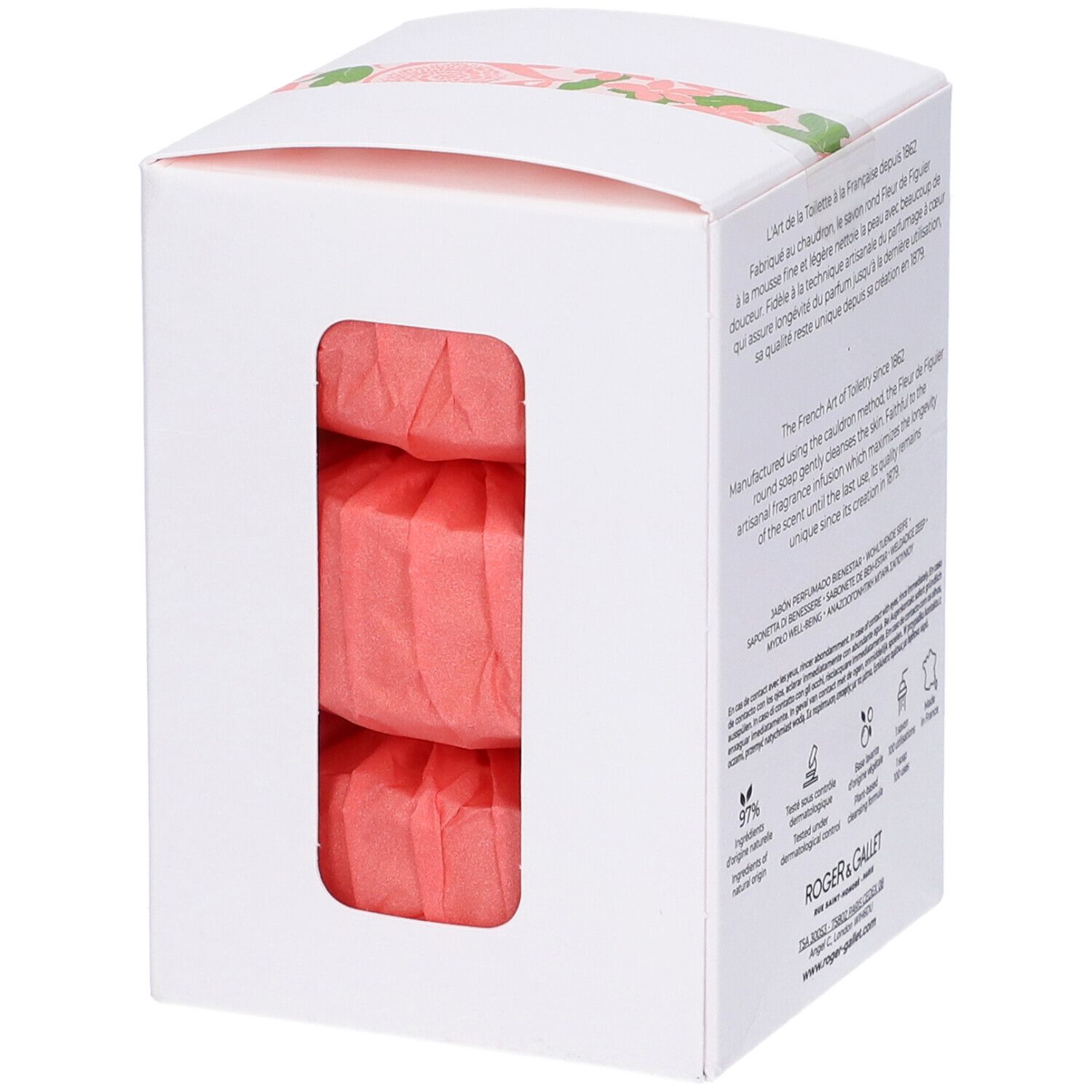 Retro della scatola bianca. Testo e loghi. Contiene tre saponi rosa.