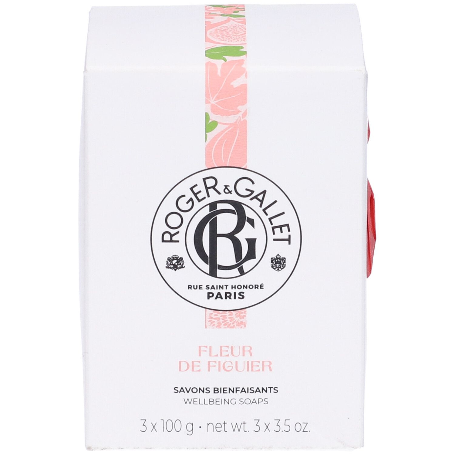 Scatola bianca con logo e nome del prodotto Fleur de Figuier. Nastro rosa.