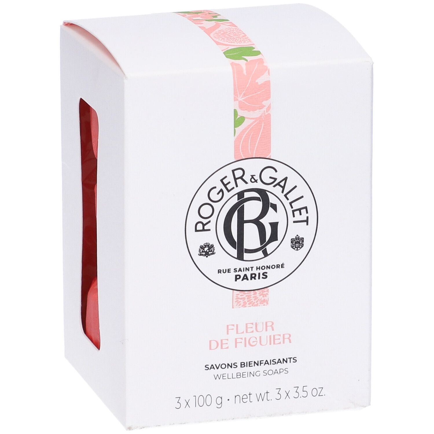 Scatola bianca con tre saponi rosa. Logo e nome del prodotto Fleur de Figuier.