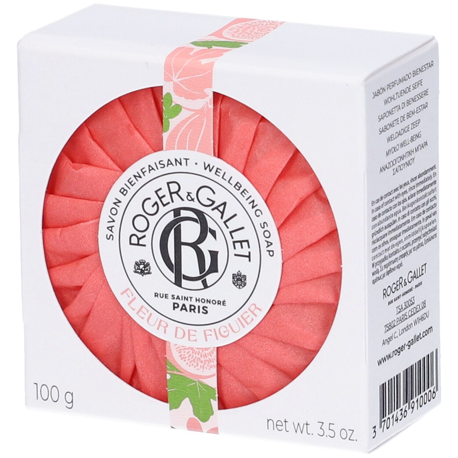 Sapone rosa rotondo in confezione bianca. Scritta: Roger&Gallet, Fleur de Figuier. 100 g, 3.5 oz.