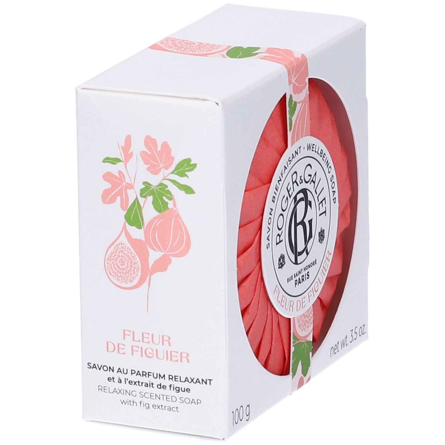 Scatola bianca con sapone rosa. Scritta: Fleur de Figuier, Relaxing Scented Soap. 100 g, 3.5 oz.