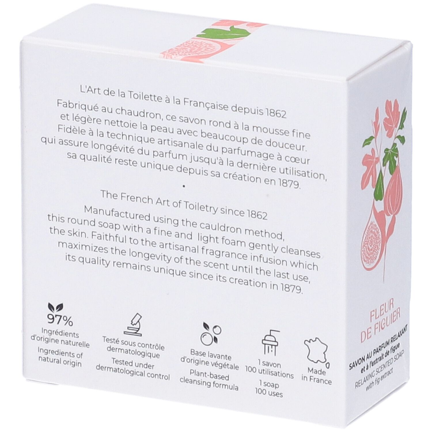 Scatola bianca con testo. Scritta: Fleur de Figuier, 97% ingredienti naturali, 100 utilizzi.