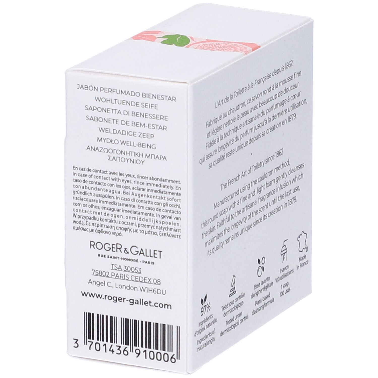 Scatola bianca con testo e logo. Scritta: Roger&Gallet, Fleur de Figuier. 97% ingredienti naturali.