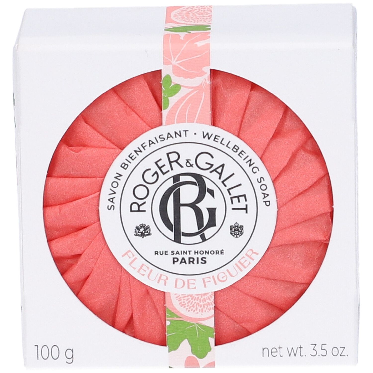 Sapone rosa rotondo in confezione bianca. Scritta: Roger&Gallet, Fleur de Figuier. 100 g, 3.5 oz.