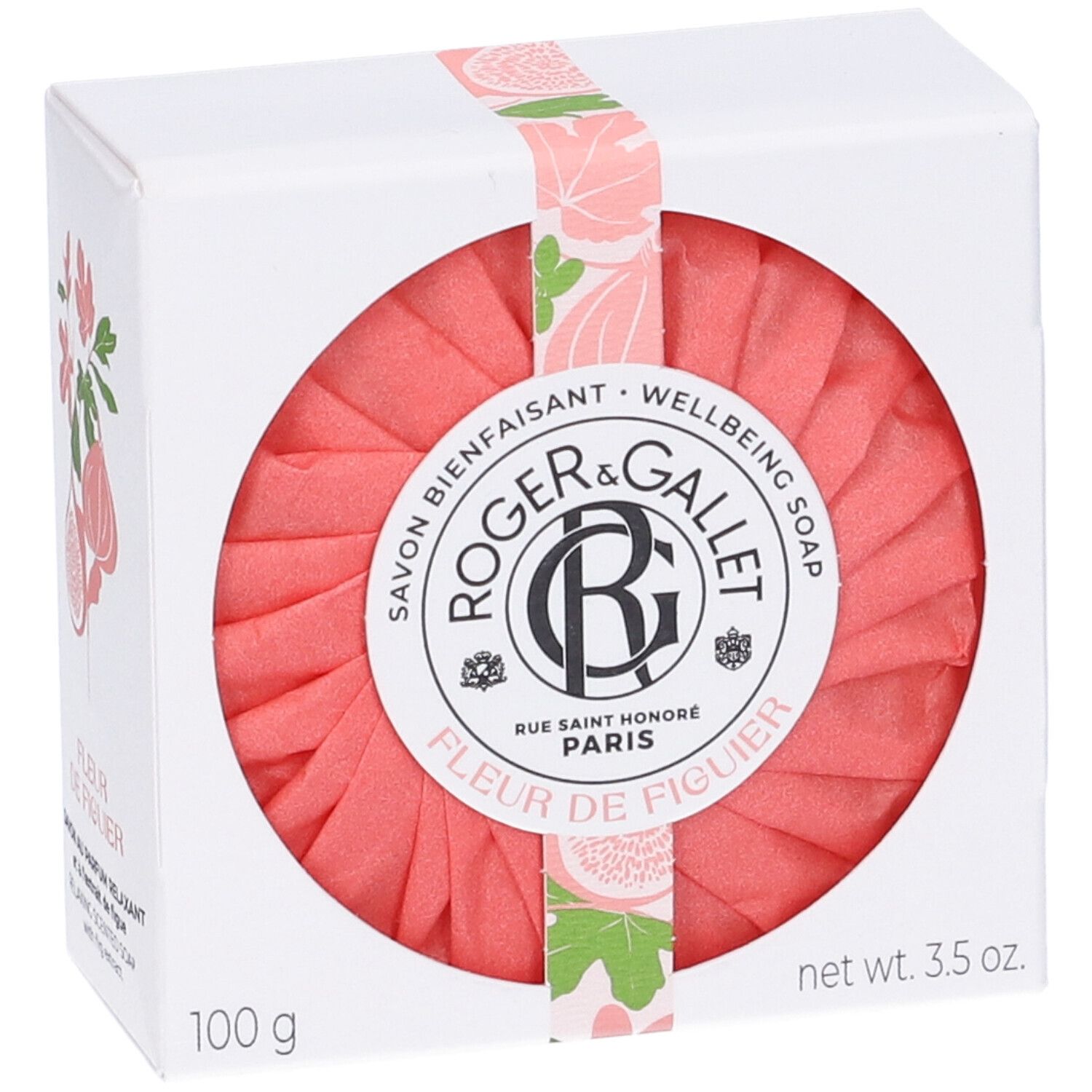 Sapone rosa rotondo in confezione bianca. Scritta: Roger&Gallet, Fleur de Figuier. 100 g, 3.5 oz.