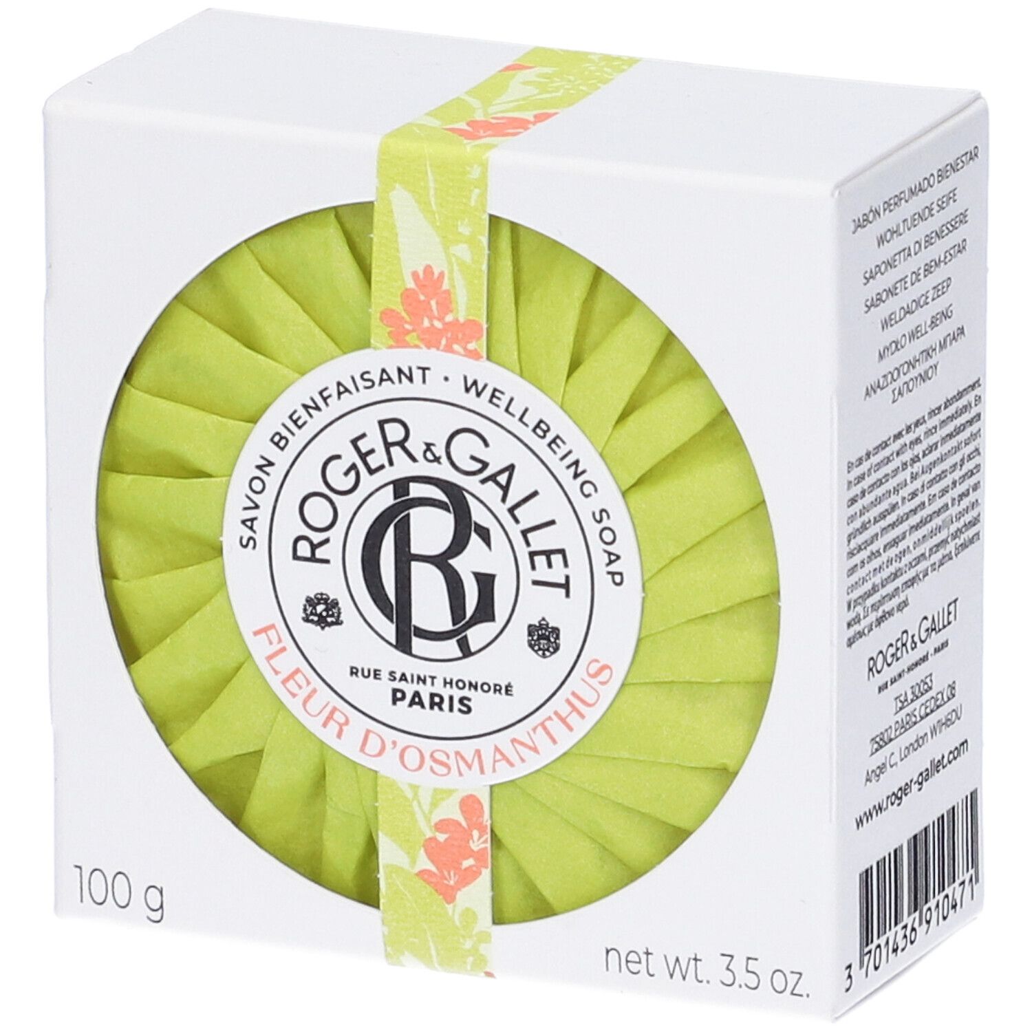 Confezione con sapone verde rotondo. Scritta: Roger&Gallet Fleur D'osmanthus. 100 g, 3.5 oz.