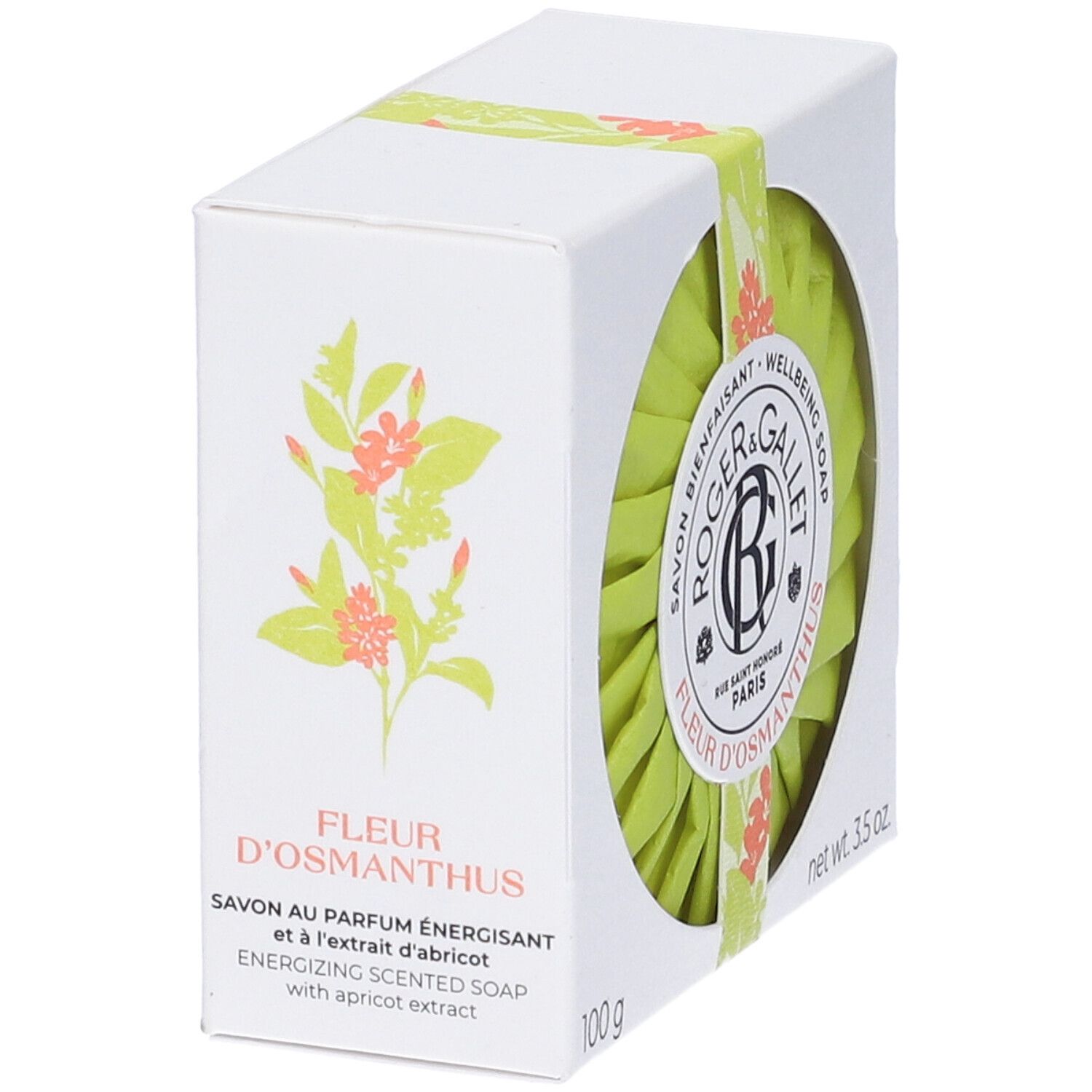 Confezione con sapone verde. Scritta: Fleur D'osmanthus, Savon au parfum énergisant. 100 g, 3.5 oz.
