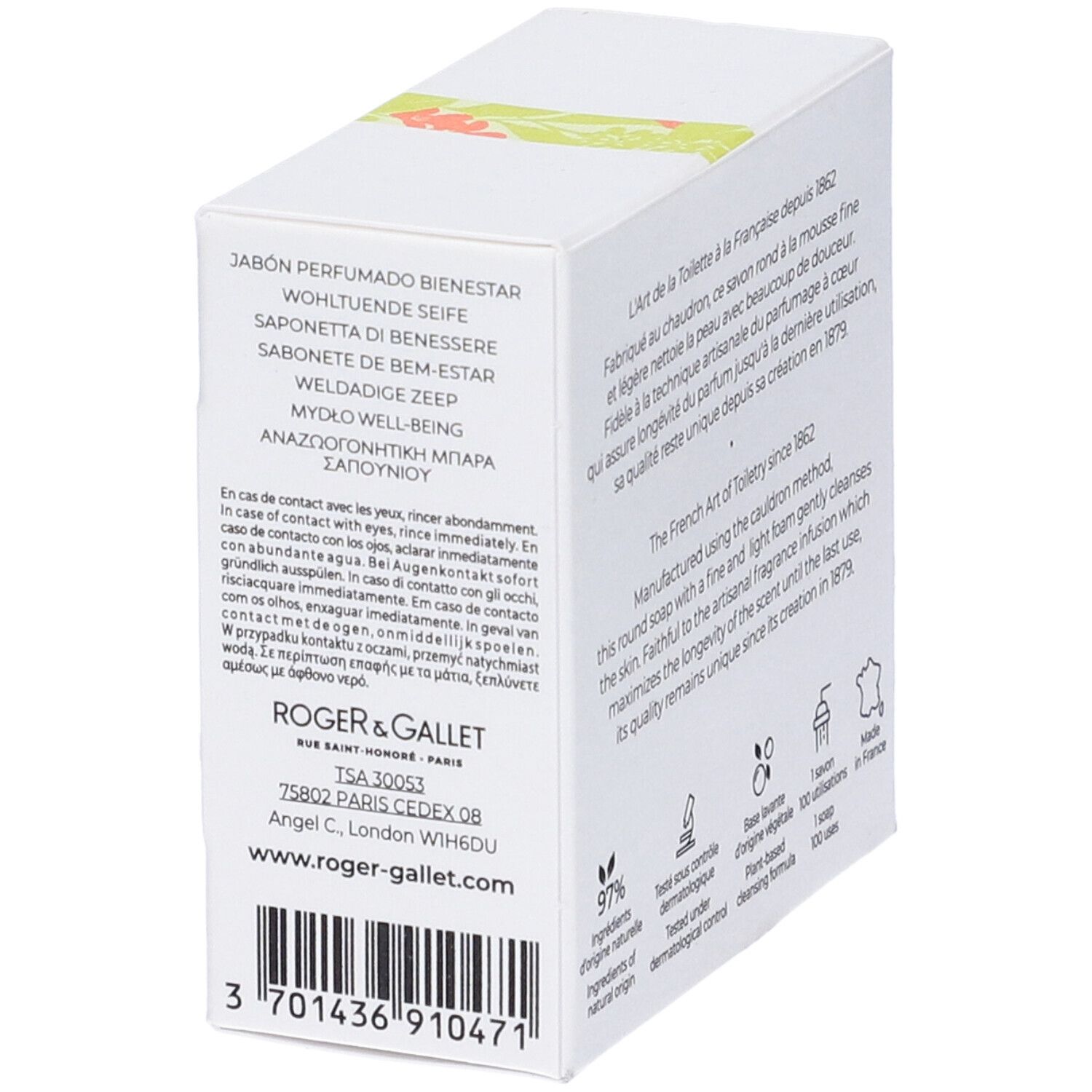 Retro della confezione. Testo multilingue. Logo: 97% ingredienti di origine naturale. Fatto in Francia.