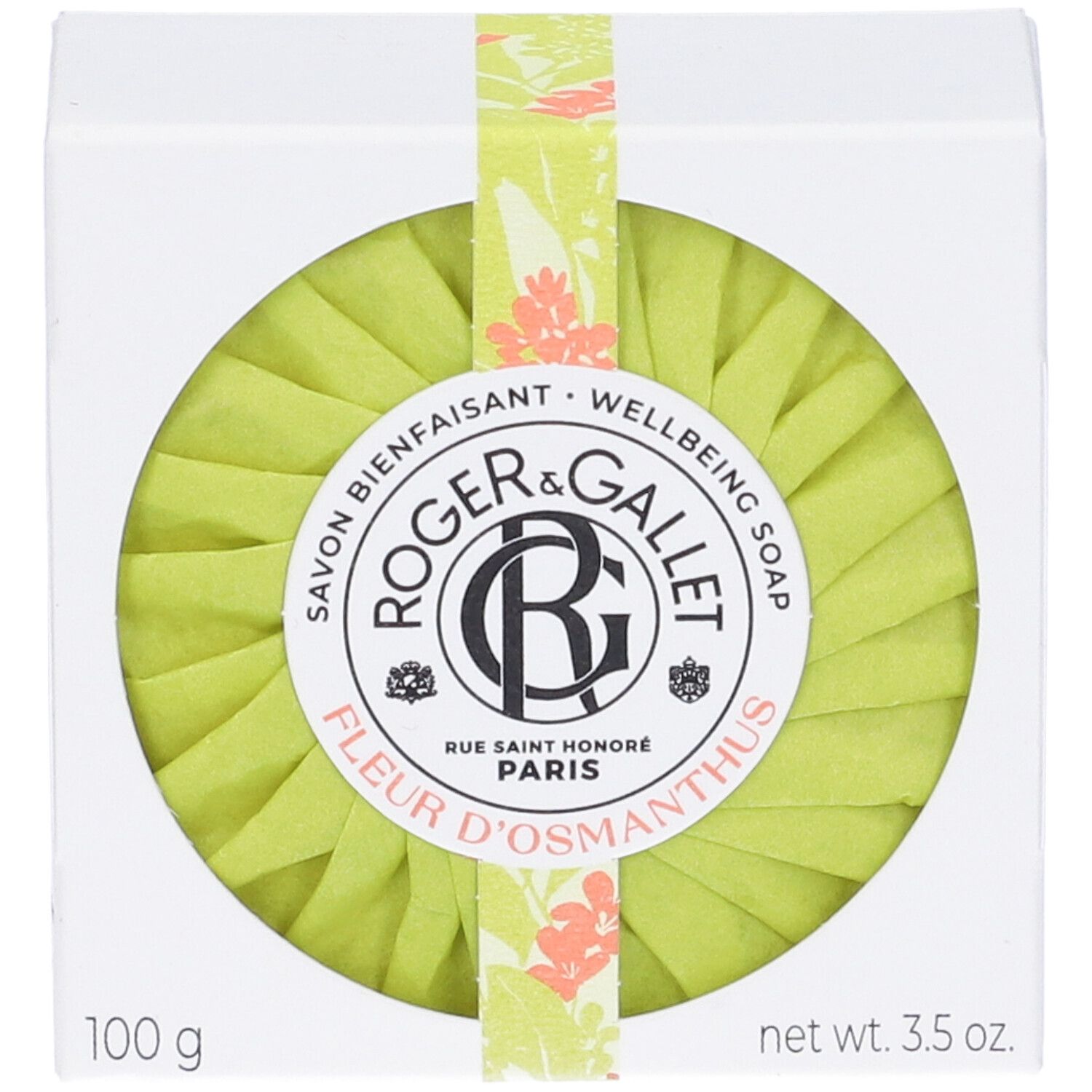 Confezione con sapone verde rotondo. Scritta: Roger&Gallet Fleur D'osmanthus. 100 g, 3.5 oz.
