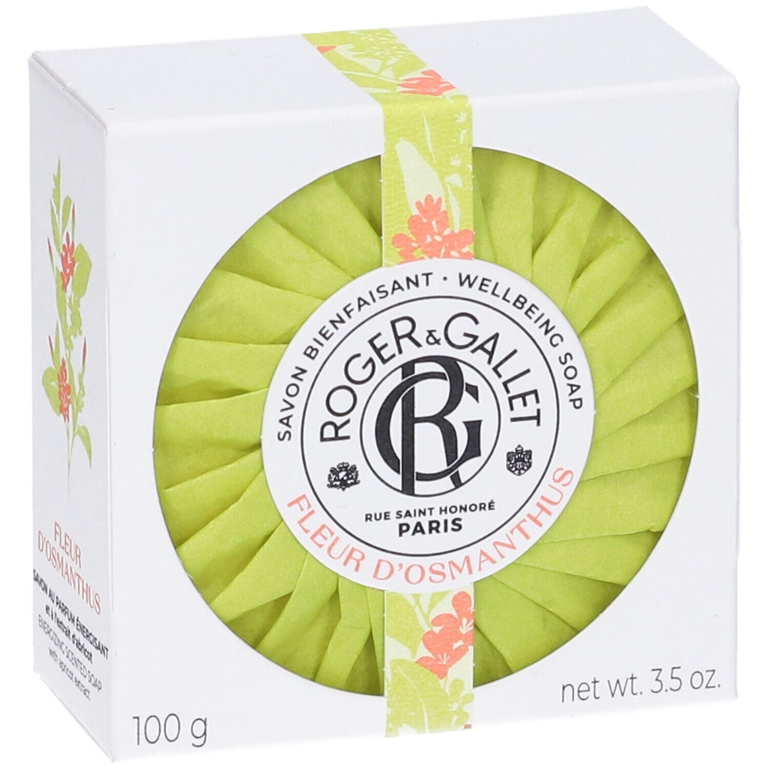 Confezione con sapone verde. Scritta: Roger&Gallet Fleur D'osmanthus. 100 g, 3.5 oz.