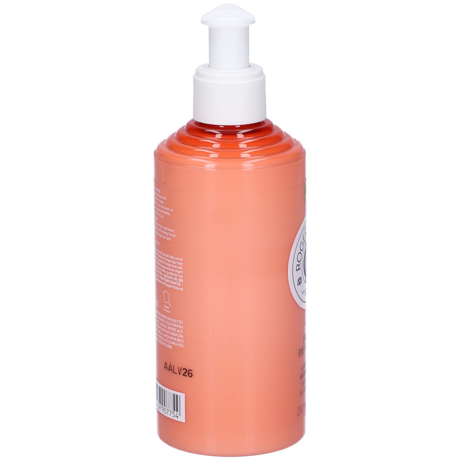 Flacone color pesca con dosatore bianco. Testo e codice a barre sul lato. Marchio Roger & Gallet.