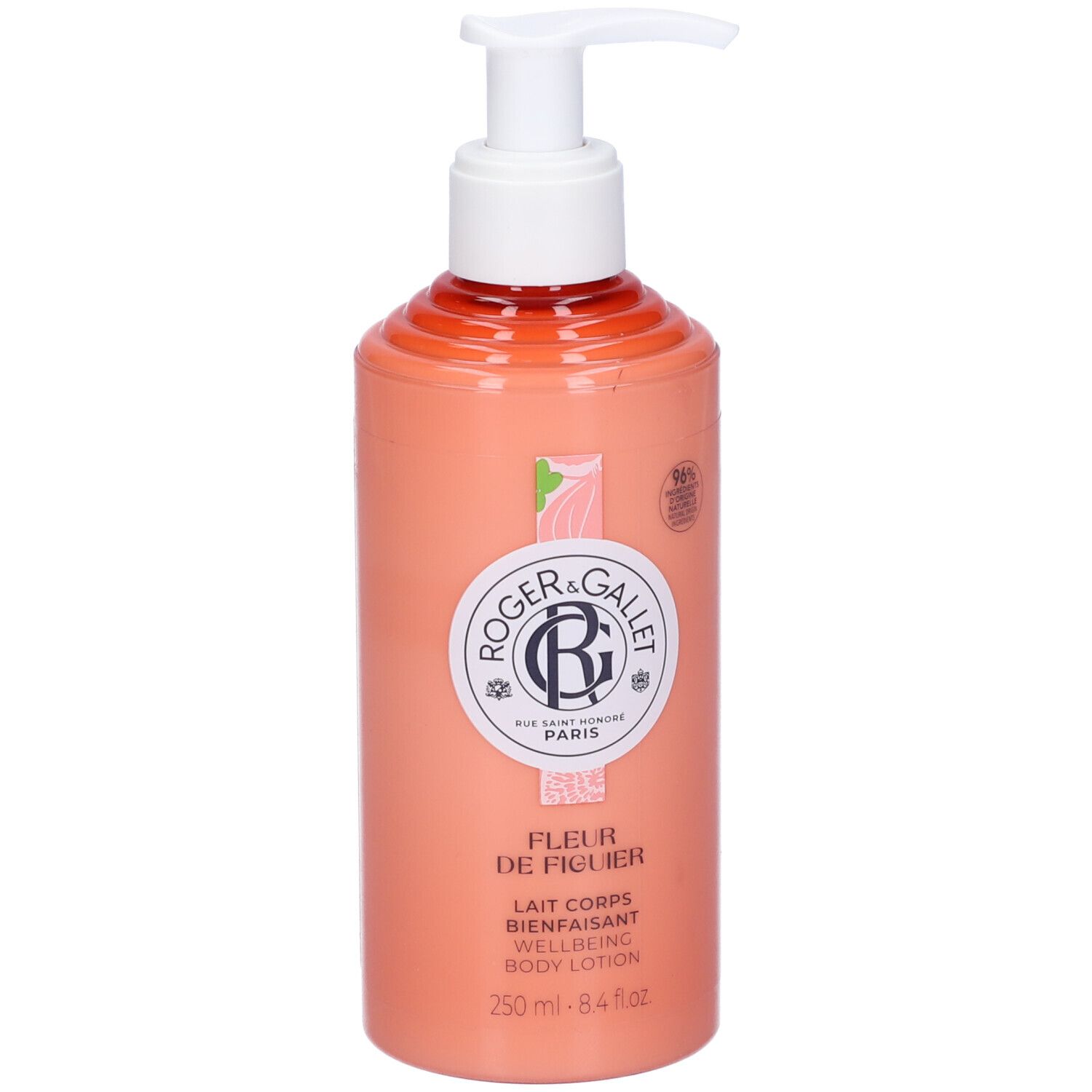 Flacone color pesca con dosatore bianco. Scritta: Roger & Gallet, Fleur de Figuier, Lait Corps Bienfaisant, 250 ml.