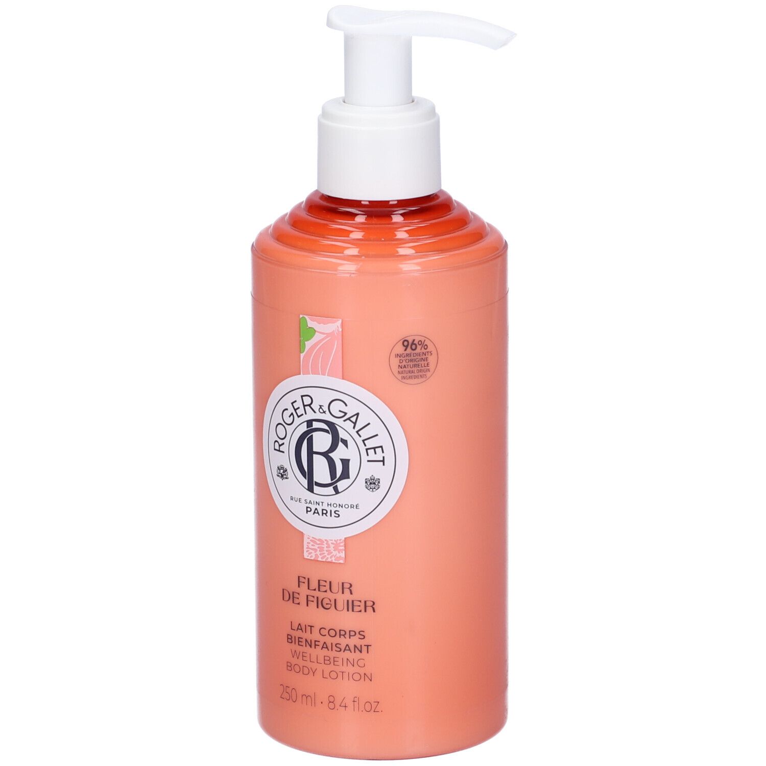 Flacone color pesca con dosatore bianco. Scritta: Roger & Gallet, Fleur de Figuier, Lait Corps Bienfaisant, 250 ml.