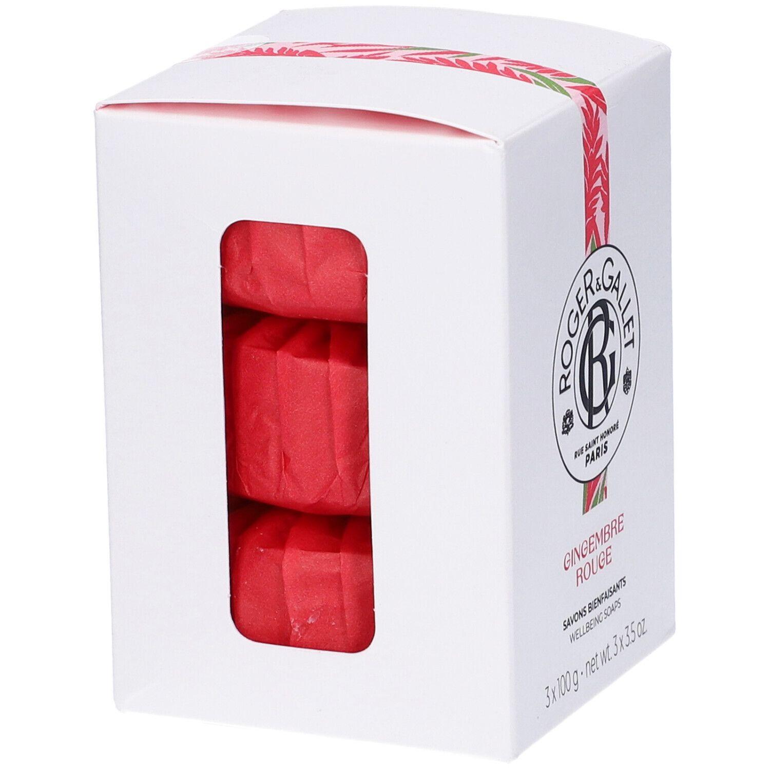 Scatola bianca con tre saponette rosse visibili da una finestra. Logo e nome.