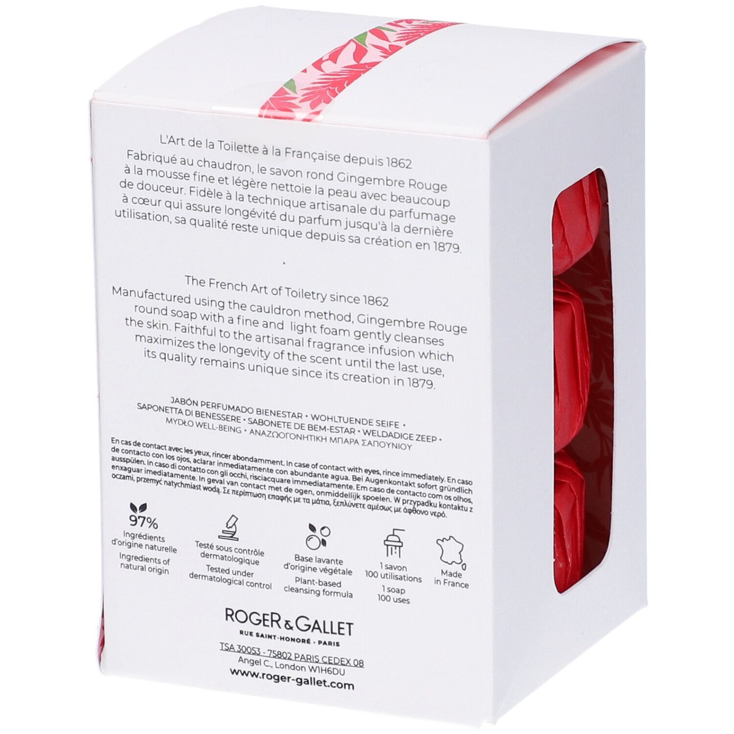 Scatola bianca con testo e tre saponette rosse. Logo, nome del prodotto, ingredienti.