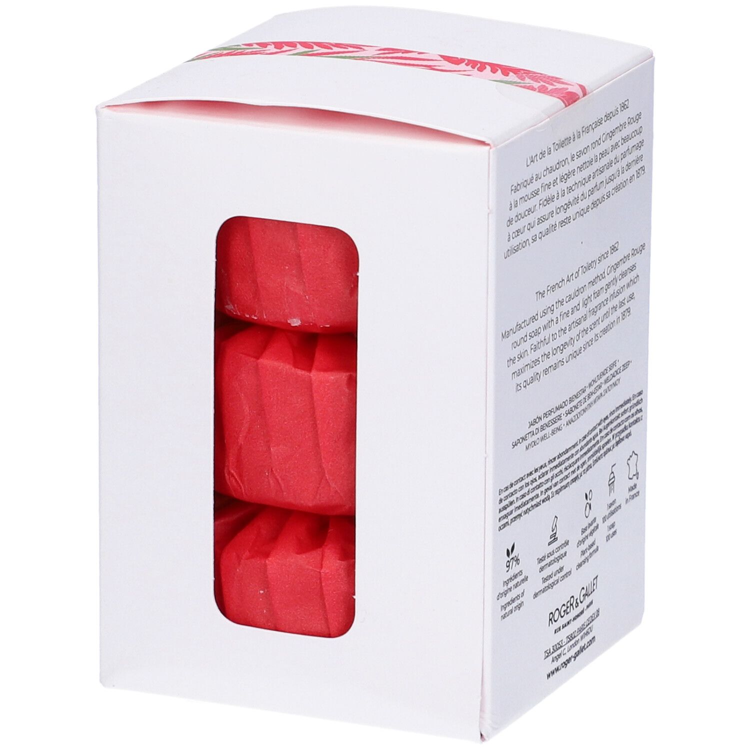 Scatola bianca con testo e tre saponette rosse visibili. Logo e nome del prodotto.