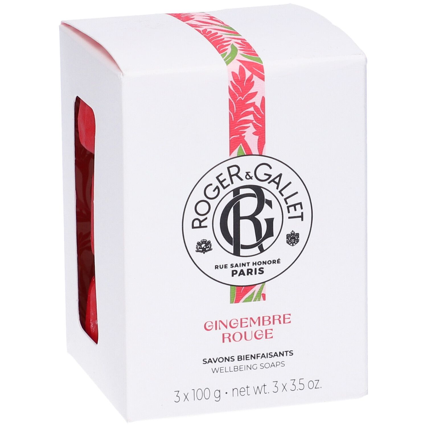 Scatola bianca con logo, nome del prodotto e saponette rosse. Vista obliqua.